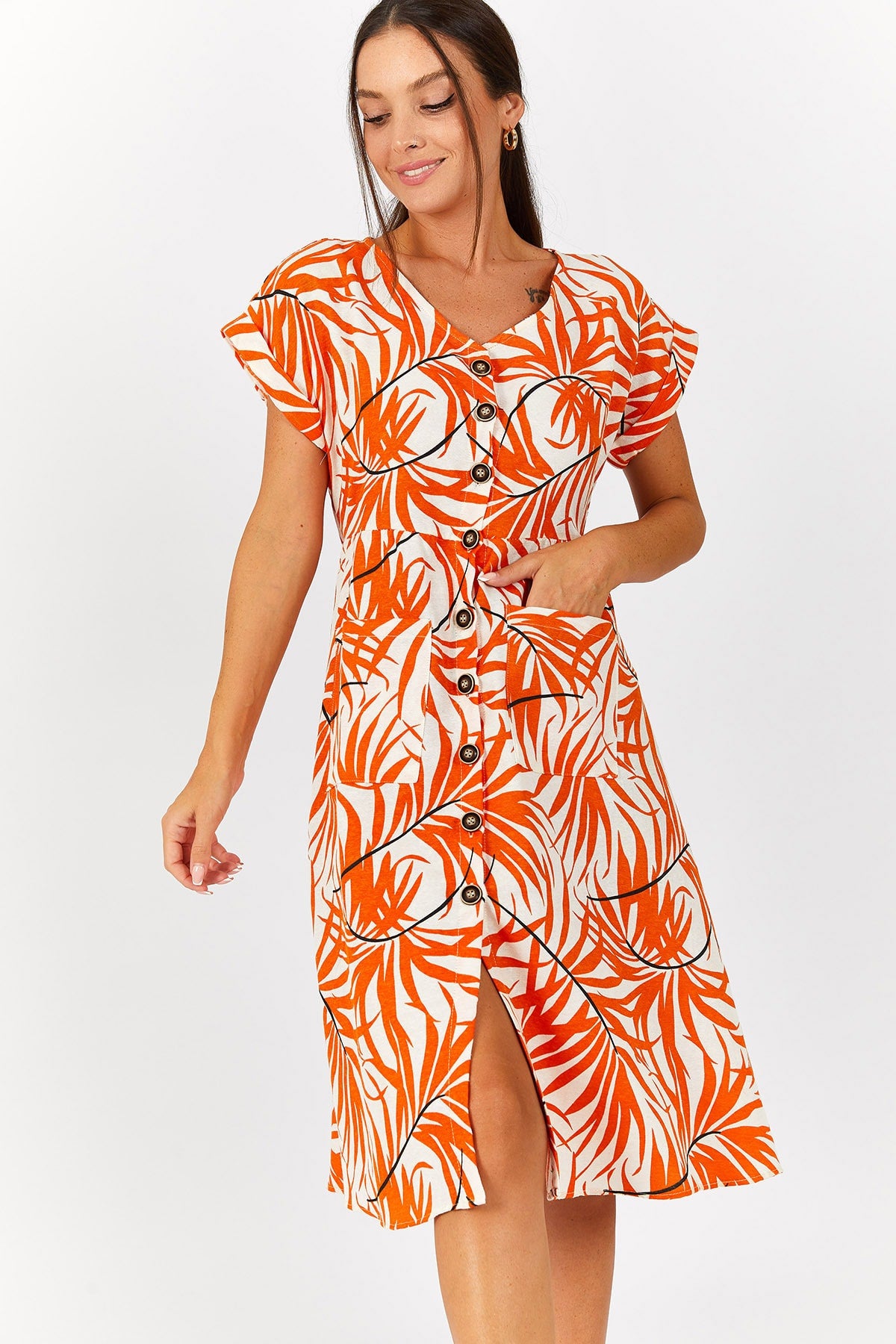 Women's Orange Leaf Pattern Pocket front buttoned dress ARM-22Y001122