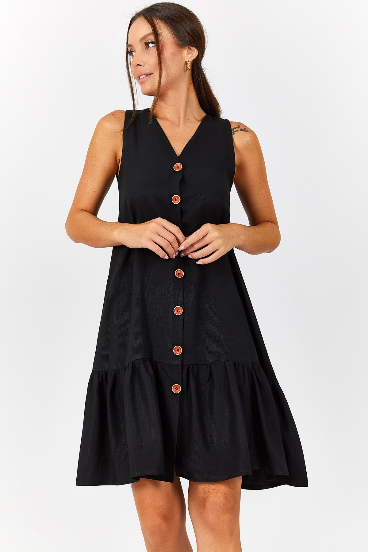 WOMEN'S BLACK SPEP Ruffled front buttoned sleeveless dress ARM-221153