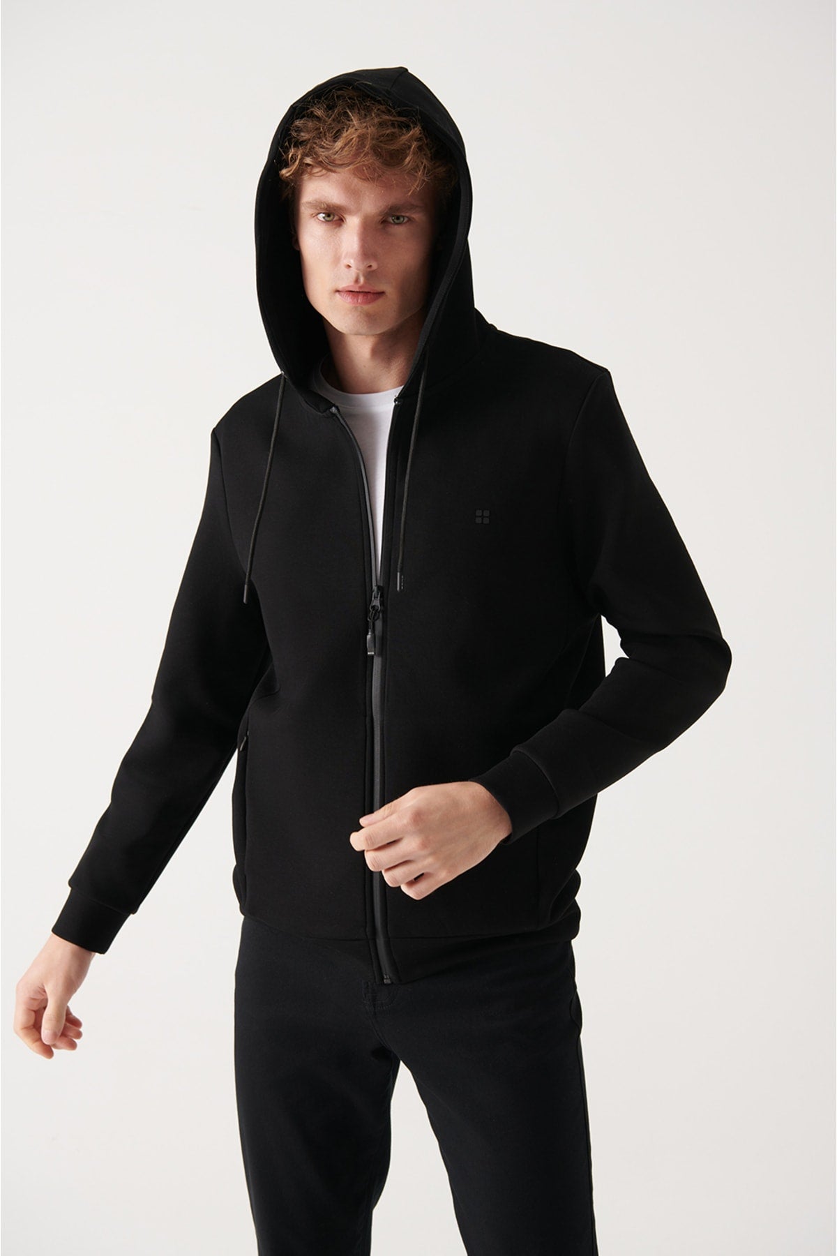 Men's black hooded cotton interlok fabric zipper sweatshirt cardigan B001102