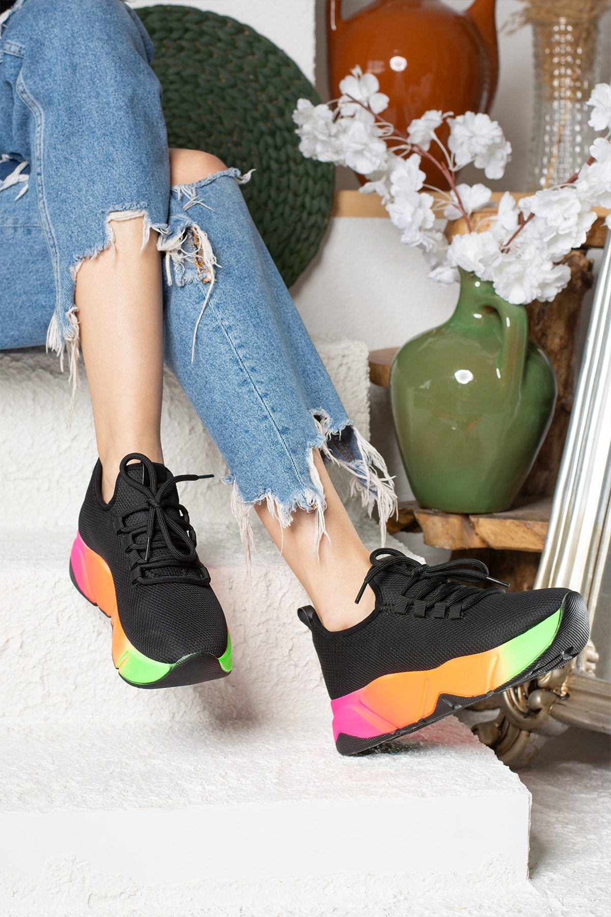 Black - Daily Female Sneaker Lace knitwear flexible light and thick -based walking sneakers 400