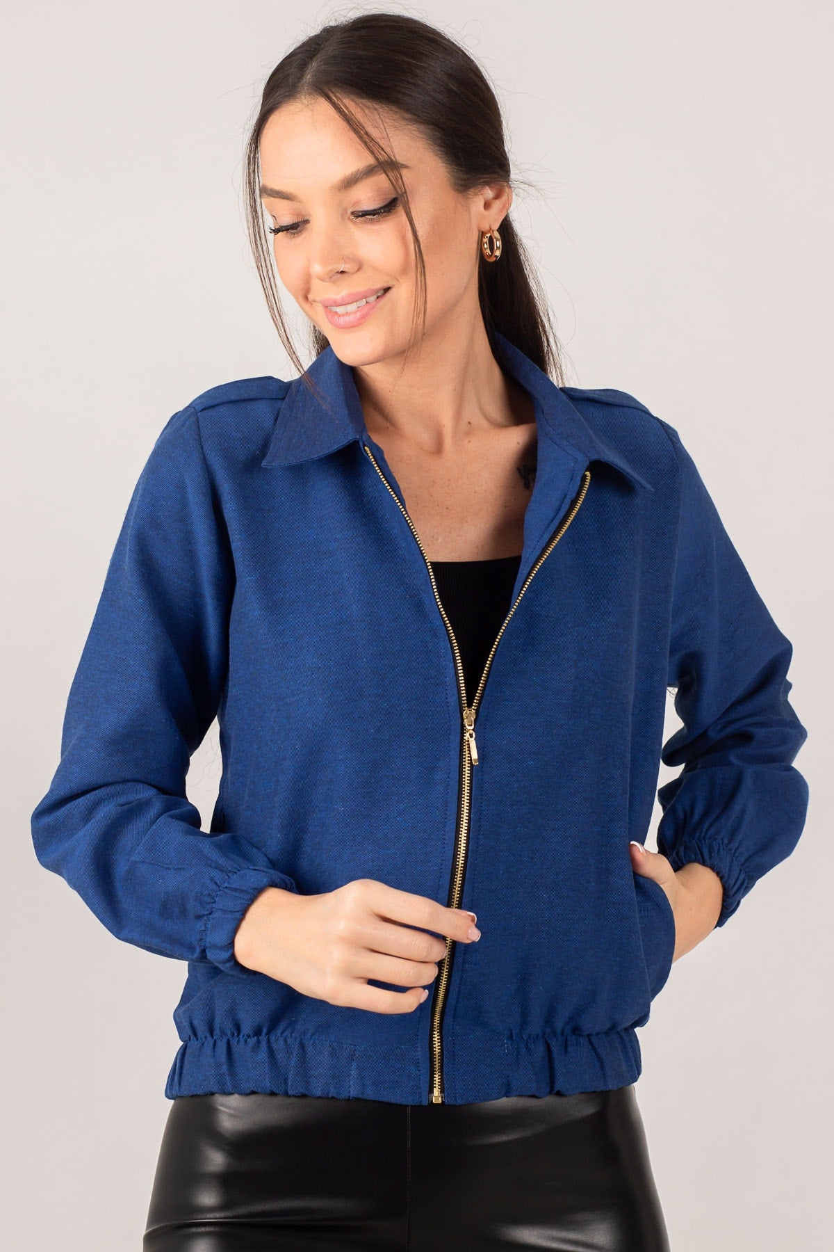 Female Saks front zipper gabardin jacket ARM-22K001068