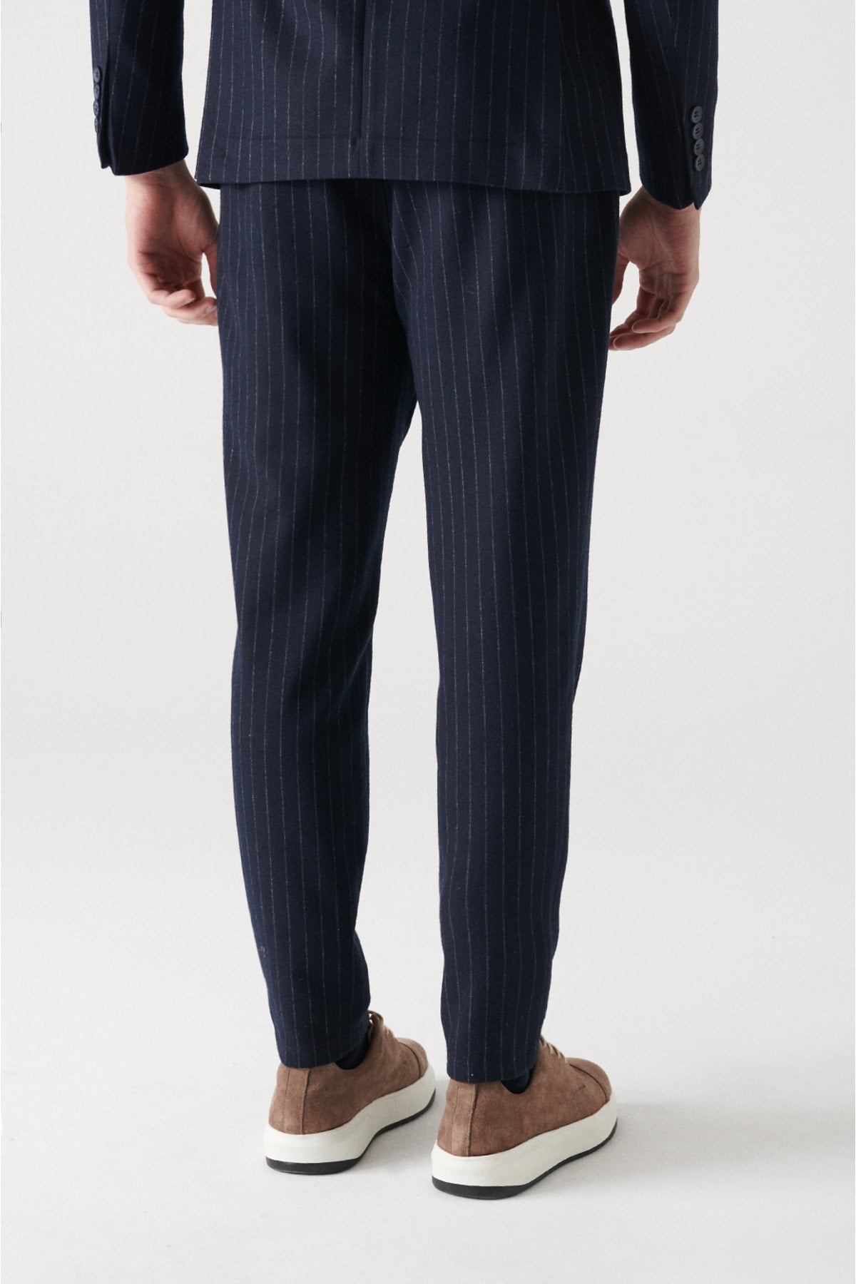 Navy blue woolen pleated striped relaxed fit suit pants