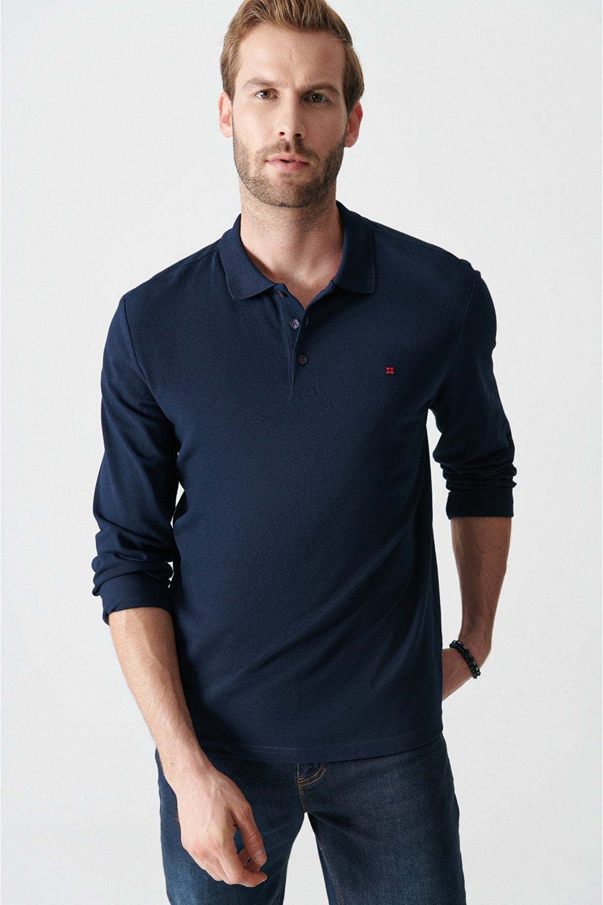 Men's Navy Blue Polo Yaka 100 %Cotton Basic Sweatshirt E001003
