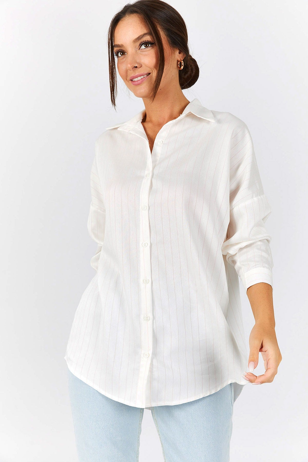 Woman Powder Pink striped oversize long basic shirt ARM-22Y001129