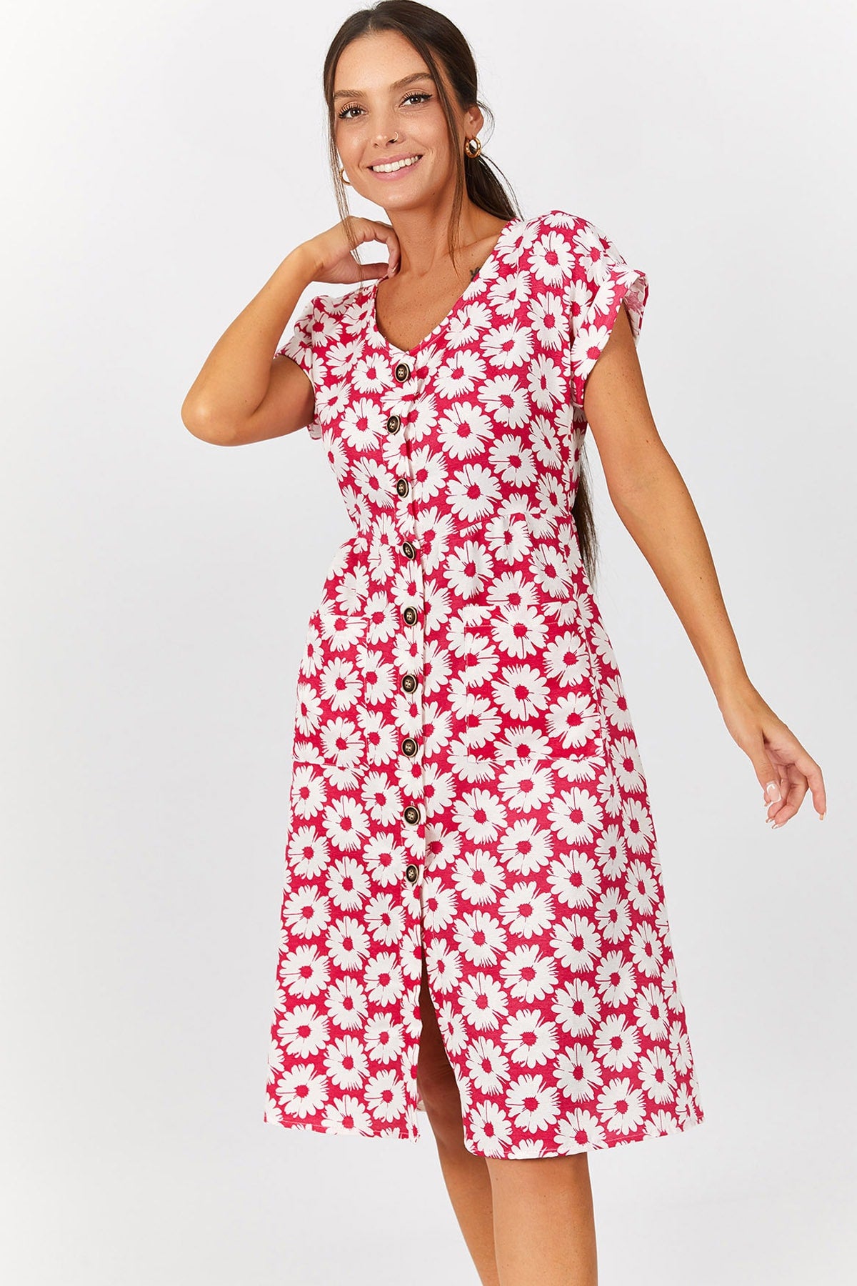 Women's Fuchsia Flower Pattern Pocket front buttoned dress ARM-22Y001152