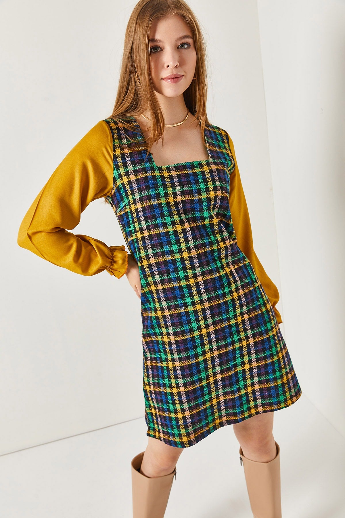 Female mustard plaid square collar long sleeve dress ARM-221182