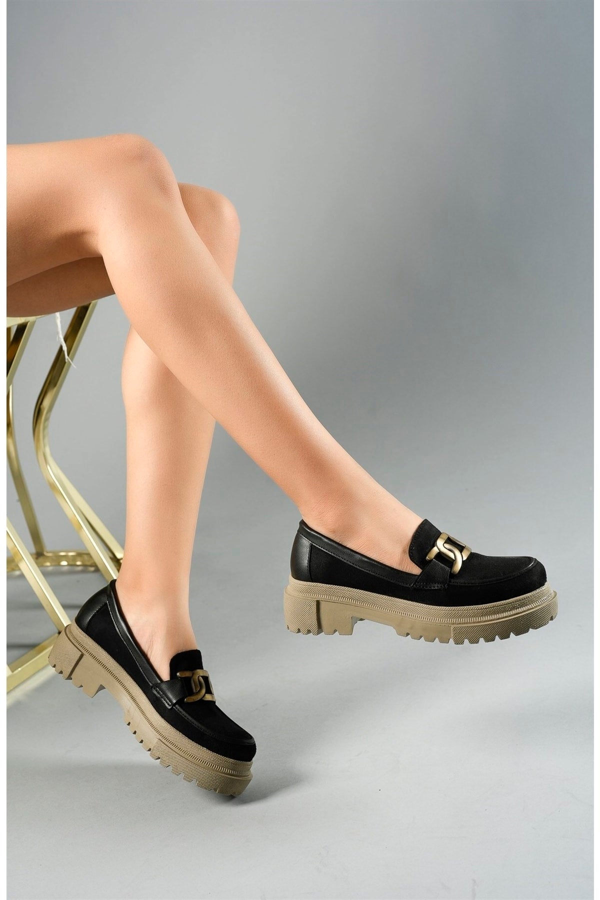 Black Beige Suede Woman Daily Loafer Shoes 00121110