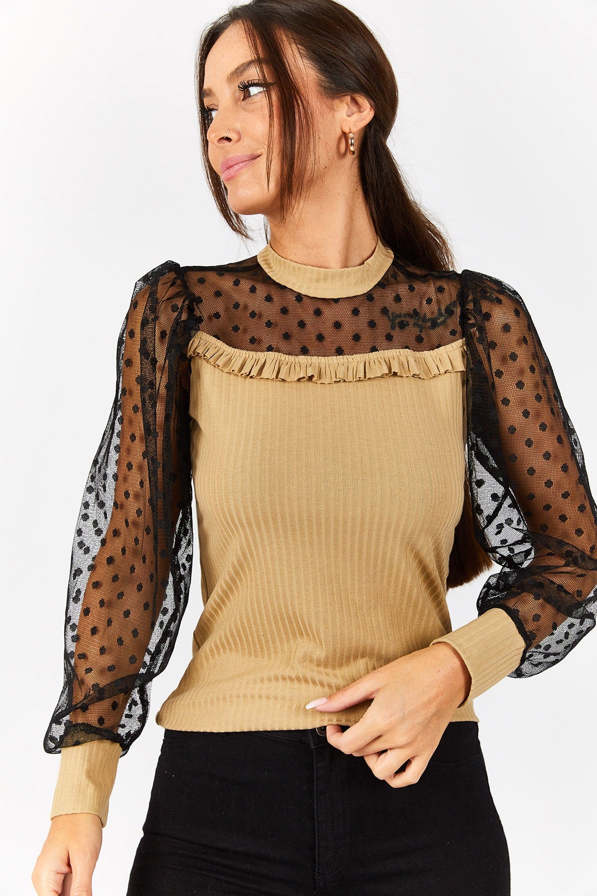 Female Beige arm and top lacy front frilly blouse ARM-22K001051