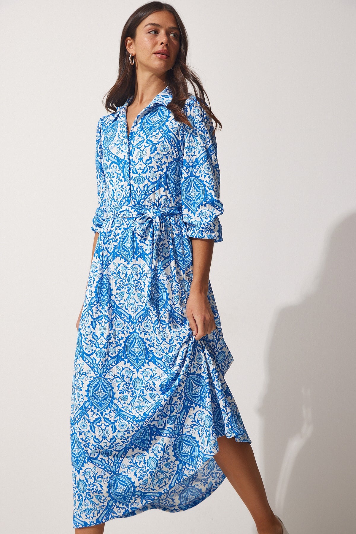 Women's Blue Patterned Long Summer Knitting Shirt Dress MC00182