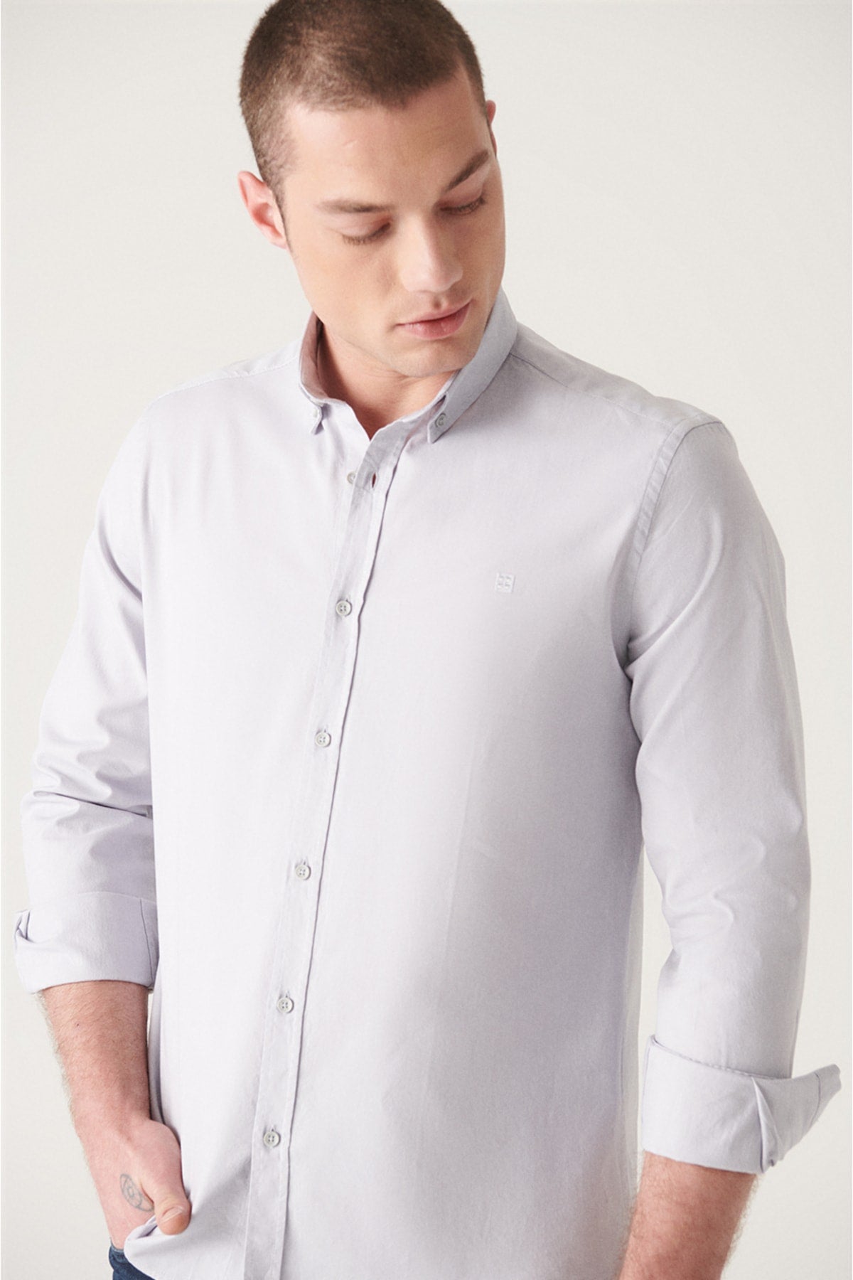 Men's Gray Oxford 100 %Cotton Regular Fit Shirt E002026