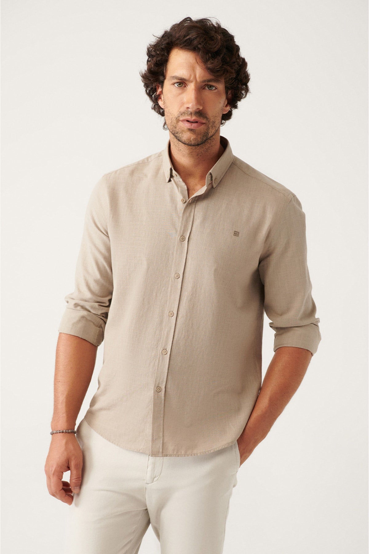 Mink buttoned collar comfort fit 100 %cotton linen textured shirt E002141