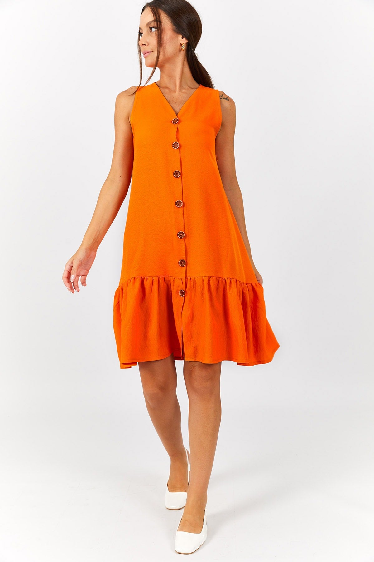 Women's Orange Skirt with frilly buttoned sleeveless dress ARM-221153