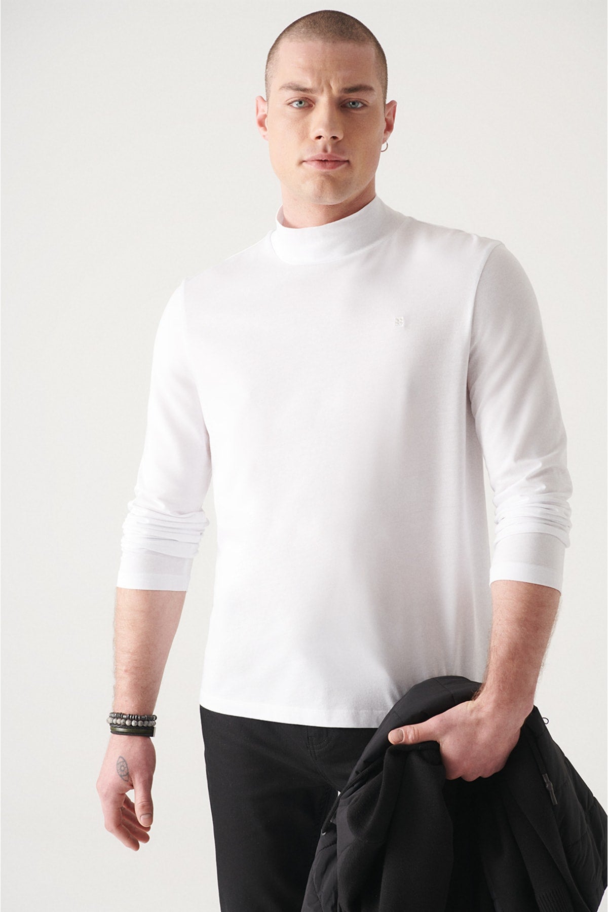 Men's White Ultrasoft Half Fisherman Collar Flat T-Shirt E001077