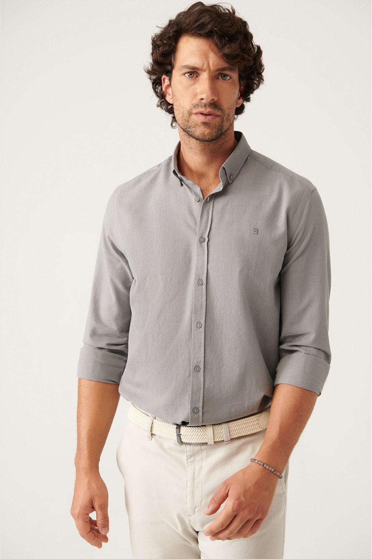 Anthracid buttoned collar comfort fit 100 %cotton linen textured shirt E002141