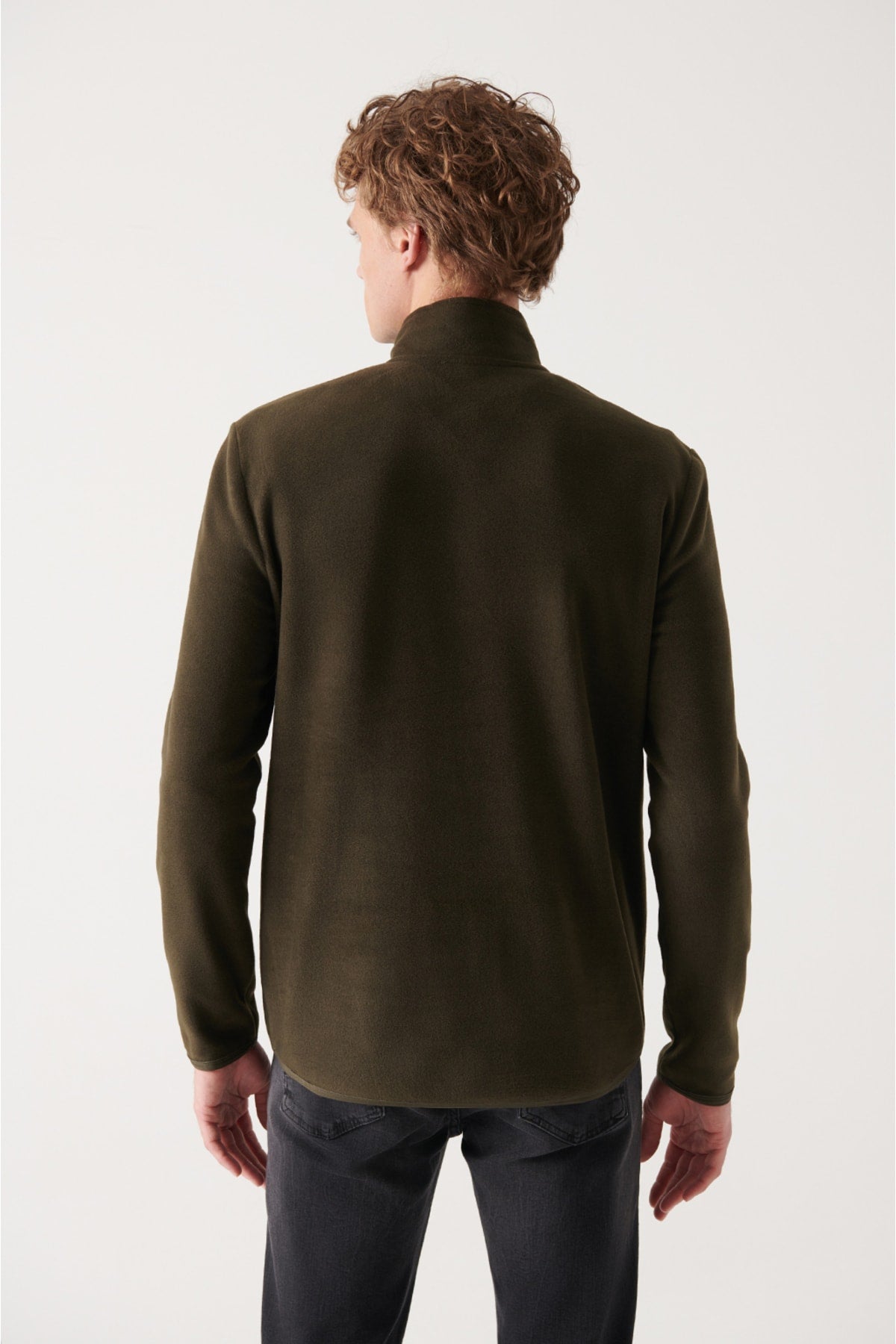 Men's Khaki Zippered upright collar parachute fabric detailed fleece sweatshirt A22y1287