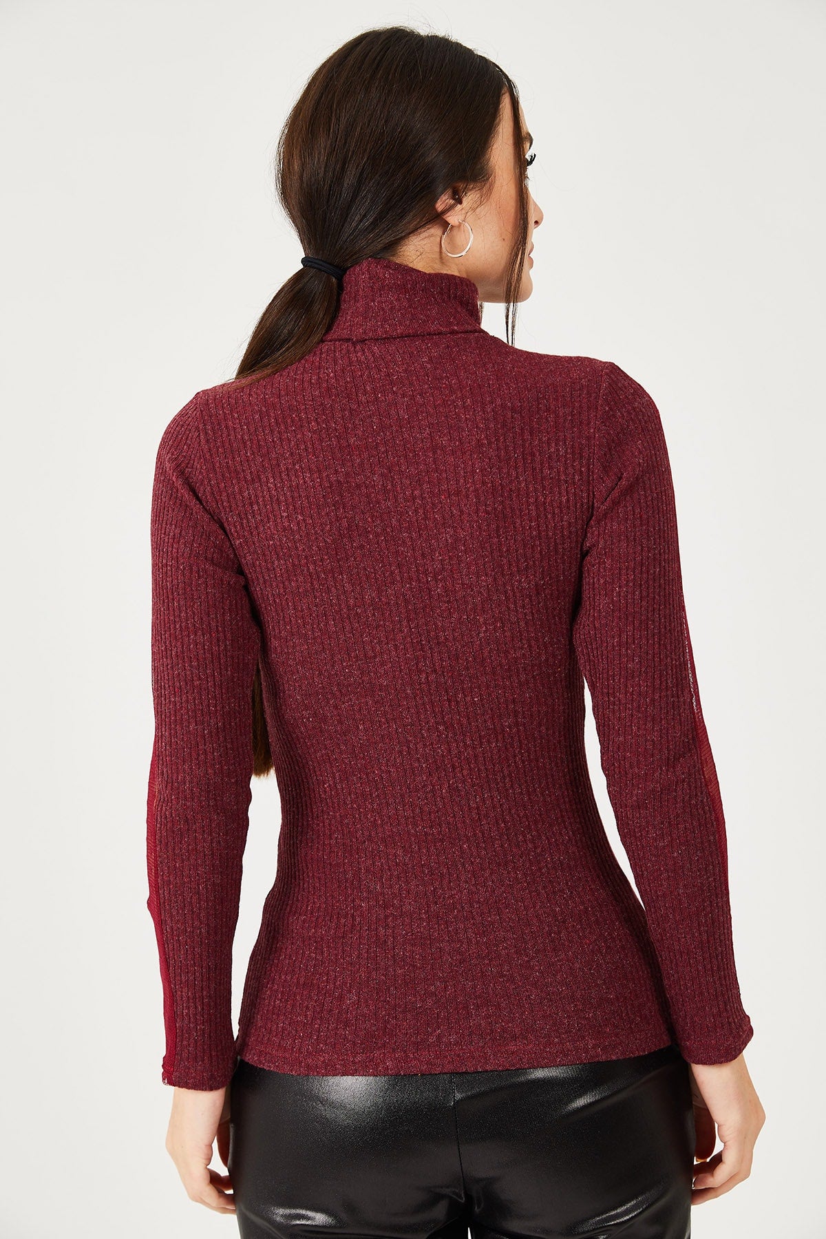 Female burgundy neck lever lace detailed knitwear sweater ARM-21K001056