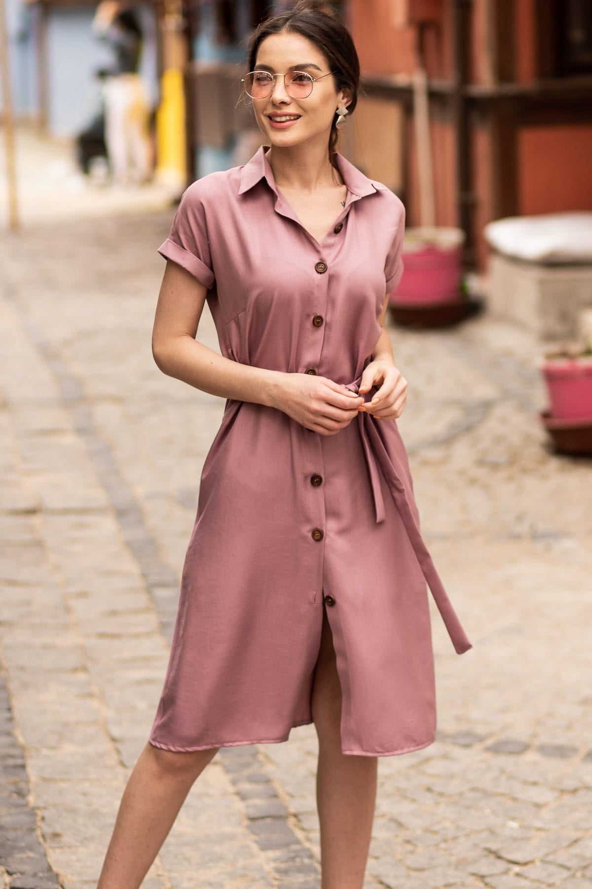 WOMEN'S ROSE DRY WALL Belt Short Sleeve Shirt Dress ARM-19Y001068