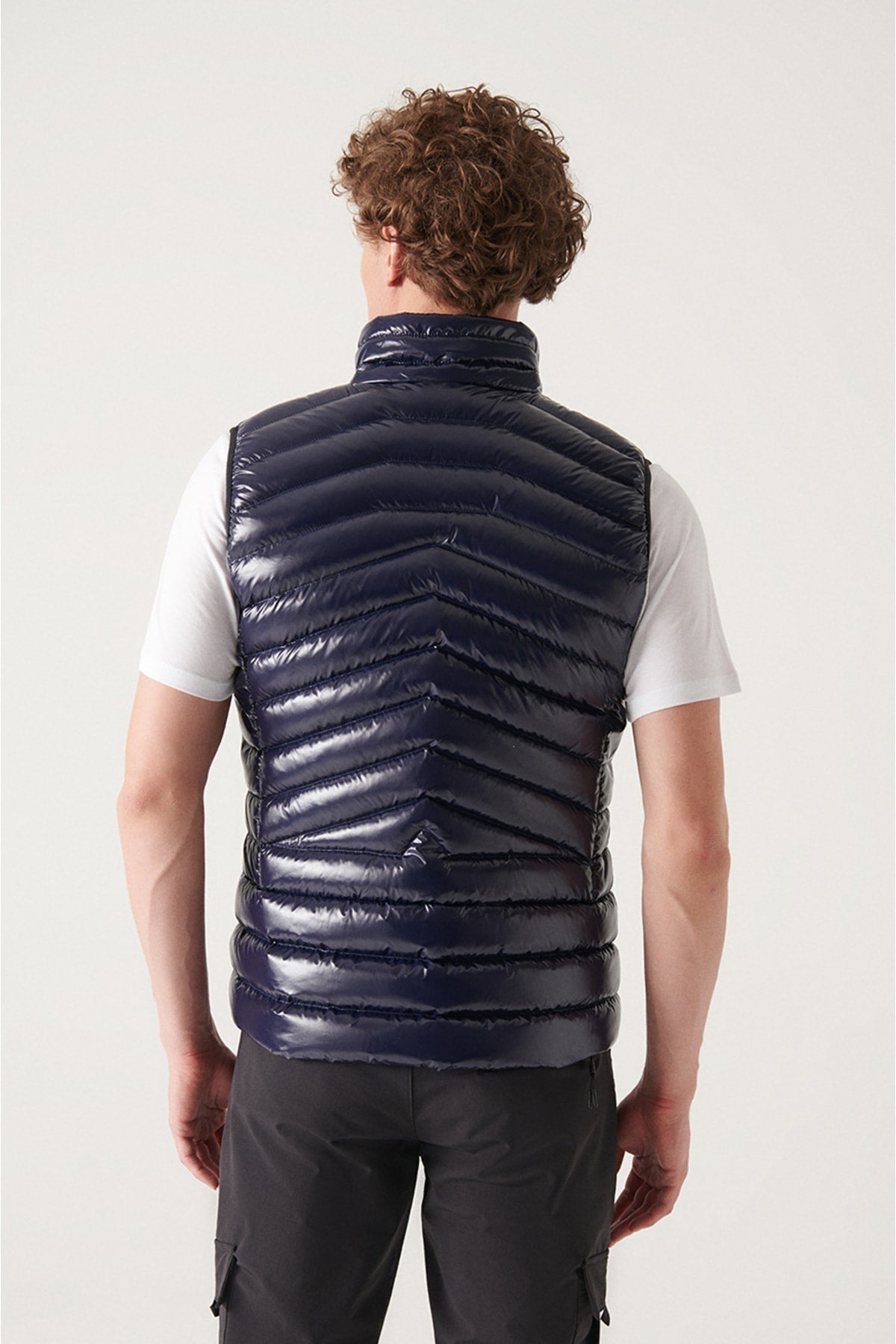 Unisex Navy Blue Water Driving Windproof Bright Goose Feather Swelling Vest E006515