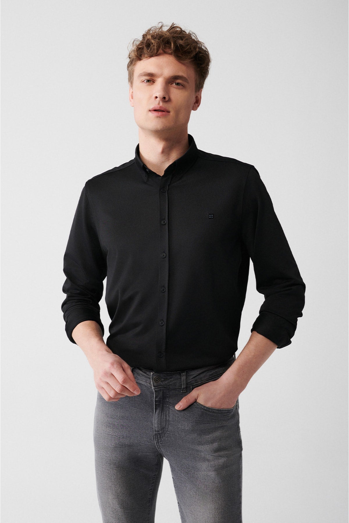 Men's Black Easy ironable textured knitting slim fit shirt A31y2067
