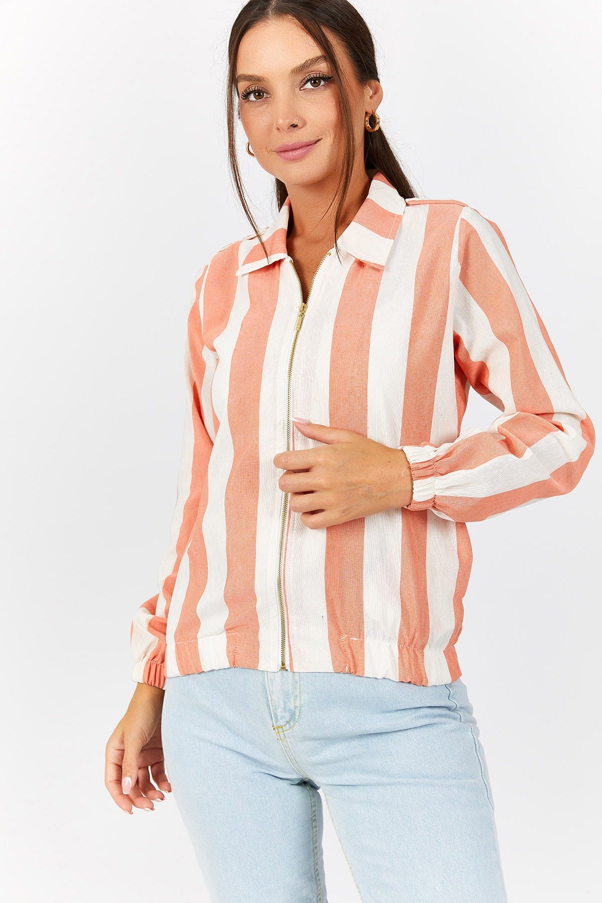 Female Orange front zipper thick striped gabardin coat ARM-221137