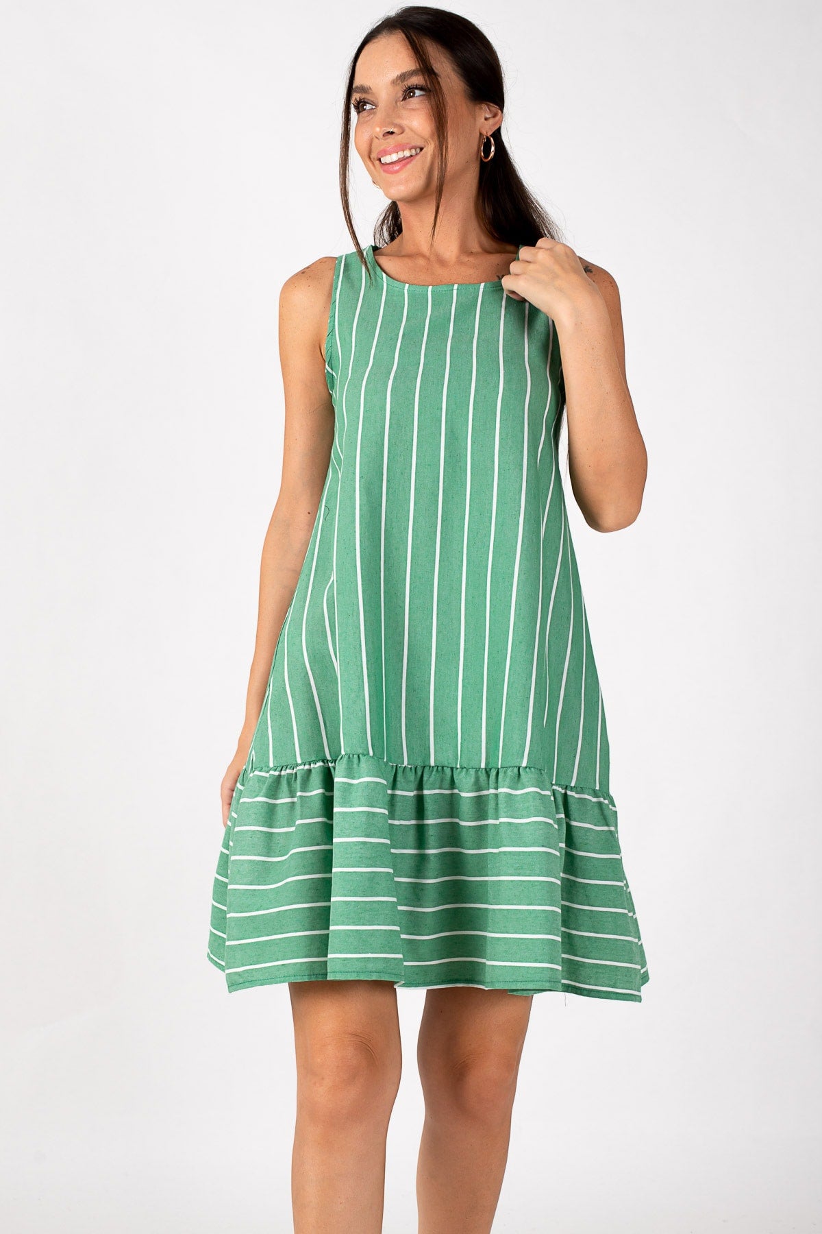 Woman Dark Green Sleeveless Skirt Fuffled Striped Dress ARM-19Y001101