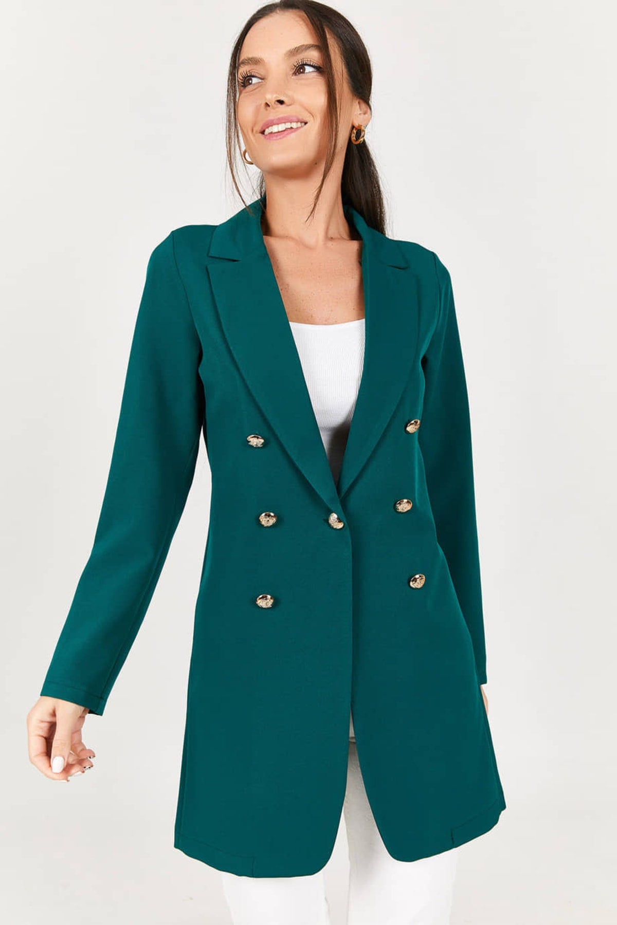 Buttoned woman long jacket dark green