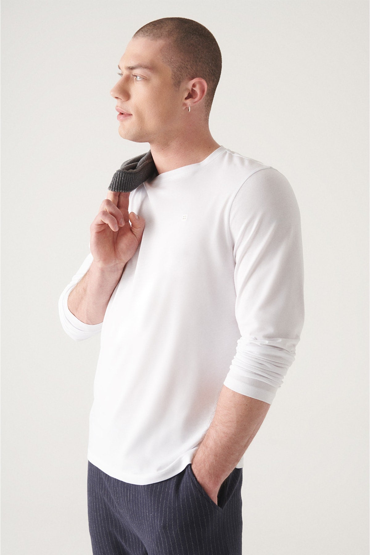 Men's White Ultrasoft Bicycle Collar Long Sleeve Cotton T-Shirt E001076