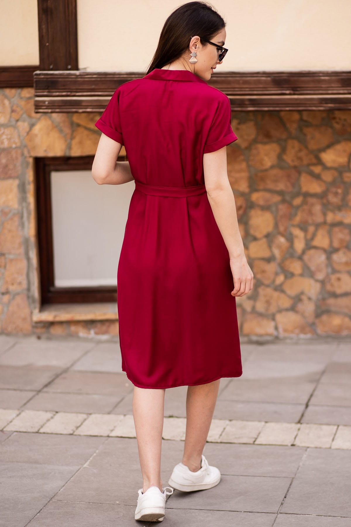 Female Bordeaux Waist Belt Short Sleeve Shirt Dress Arm-19y001068