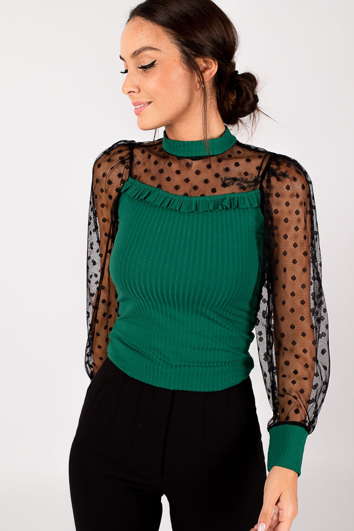 Female green arm and top lace front frilly blouse ARM-22K001051