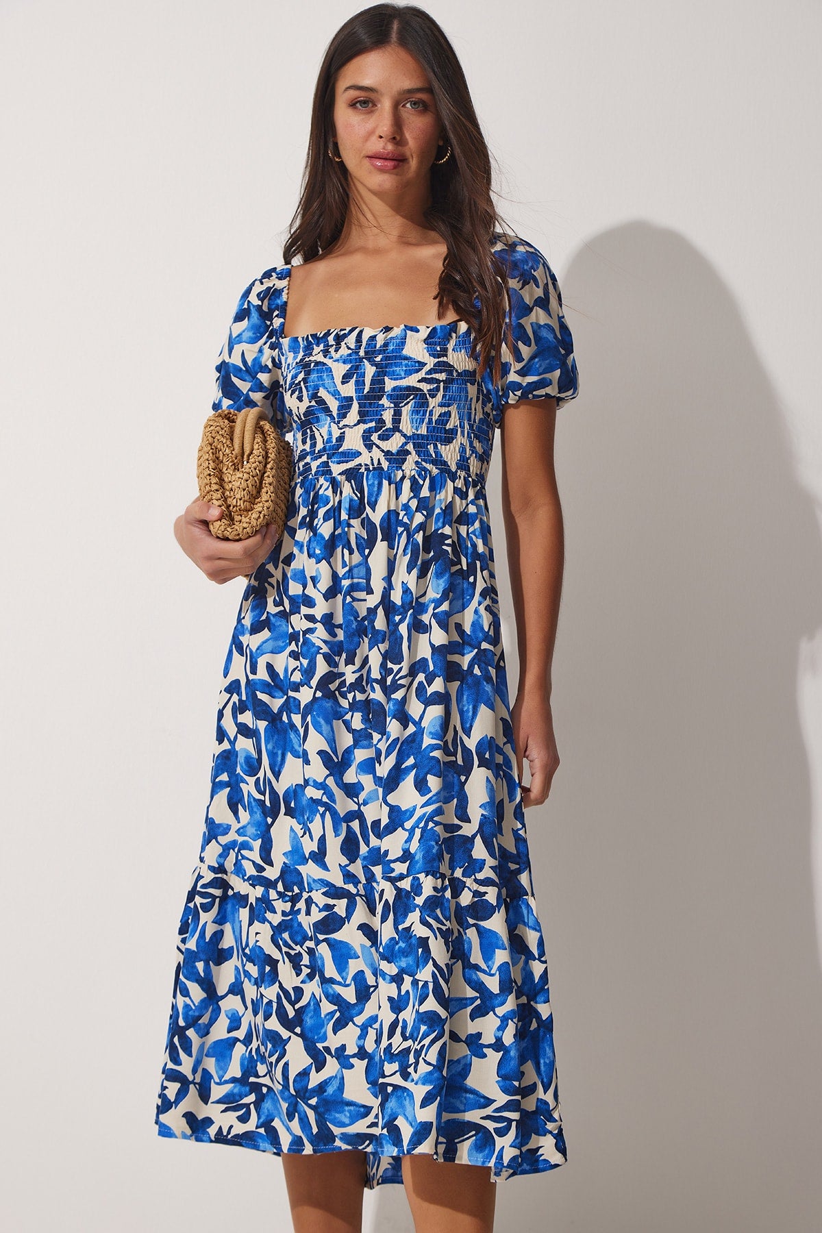Women's Blue Flower Patterned Summer Viscose Dress CI00079