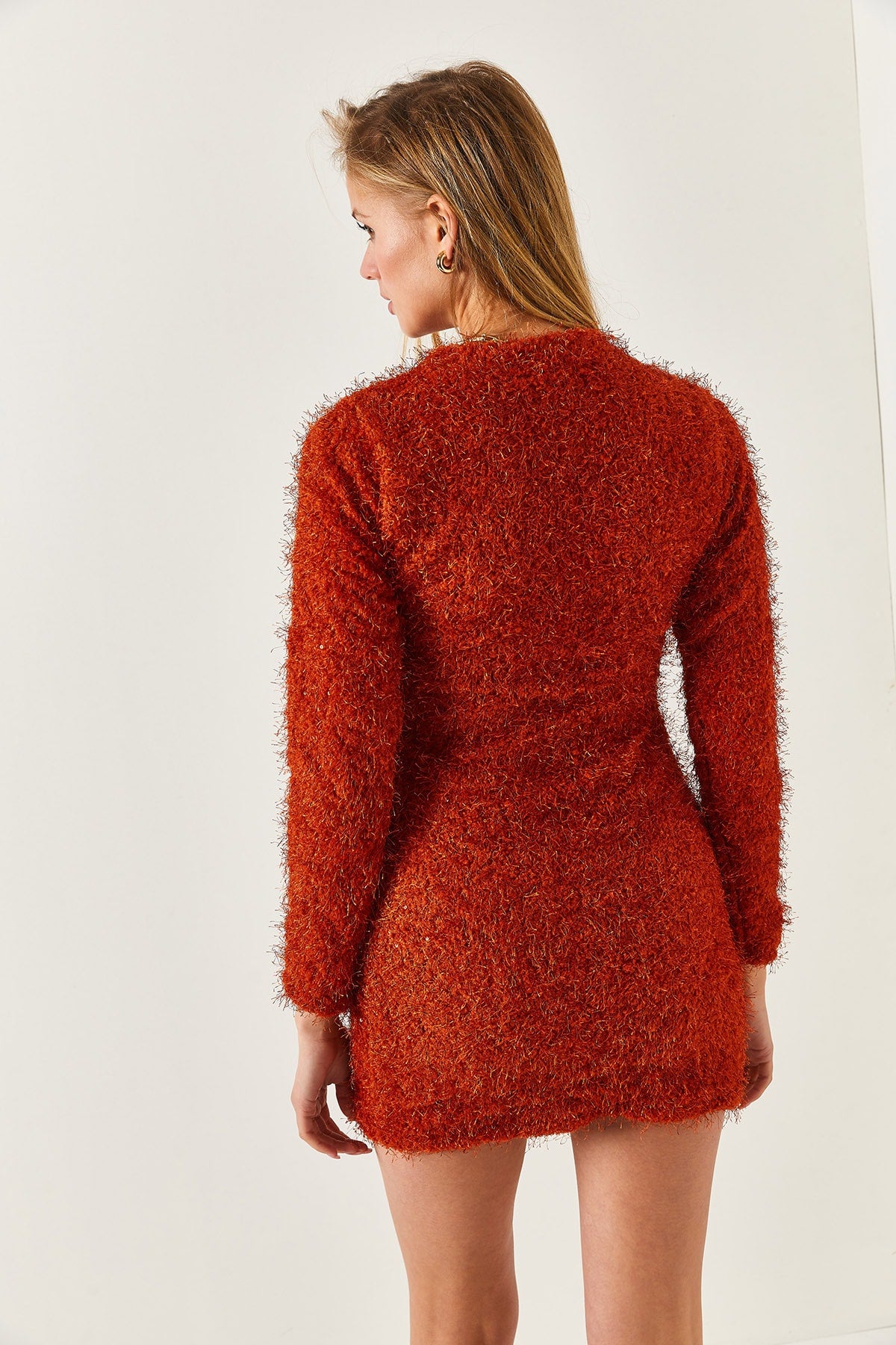 Women's Orange Red Neck Set Bearded Long Sleeve Dress ARM-221206