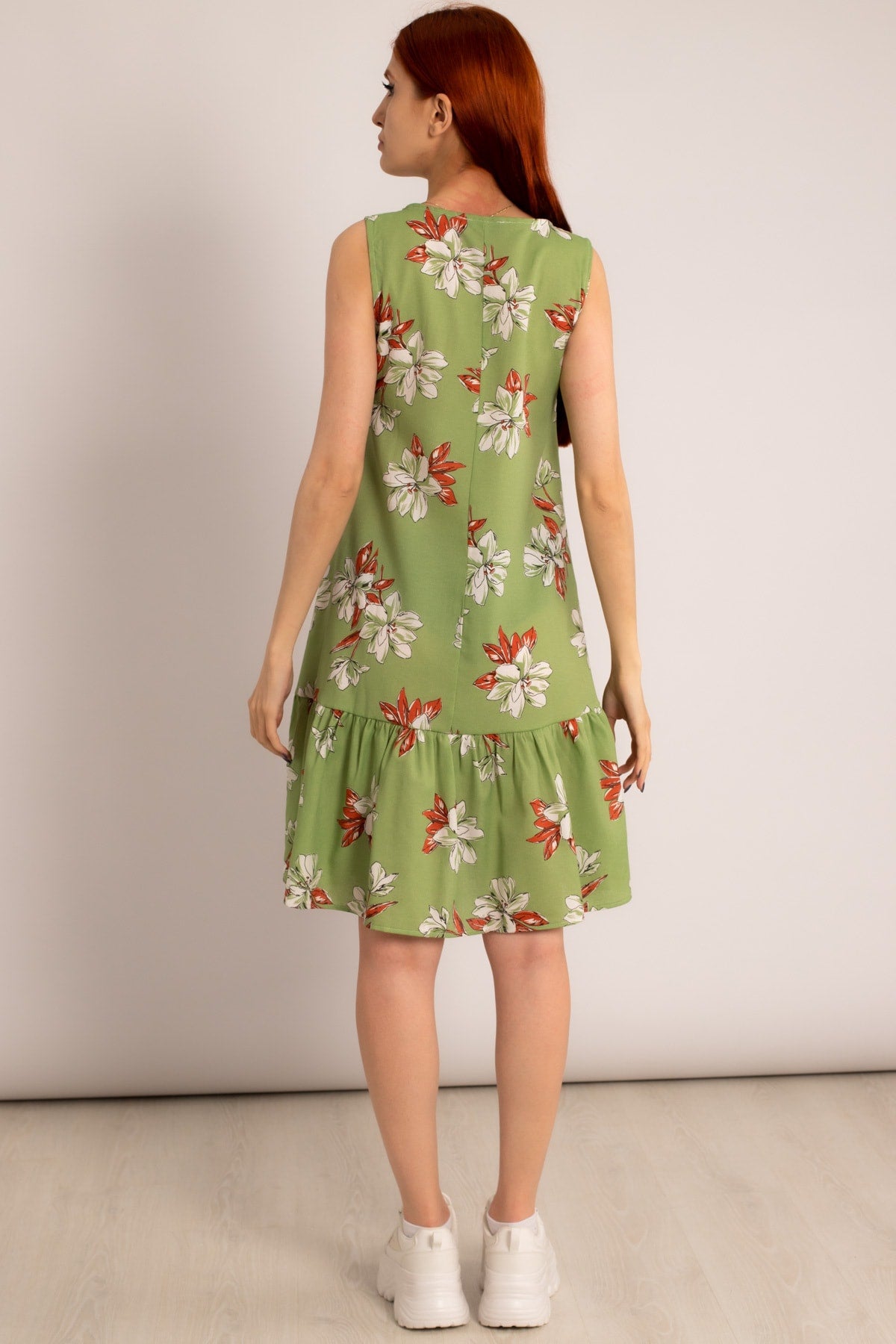 Female peanut green patterned skirt frilly sleeveless dress ARM-23Y001049
