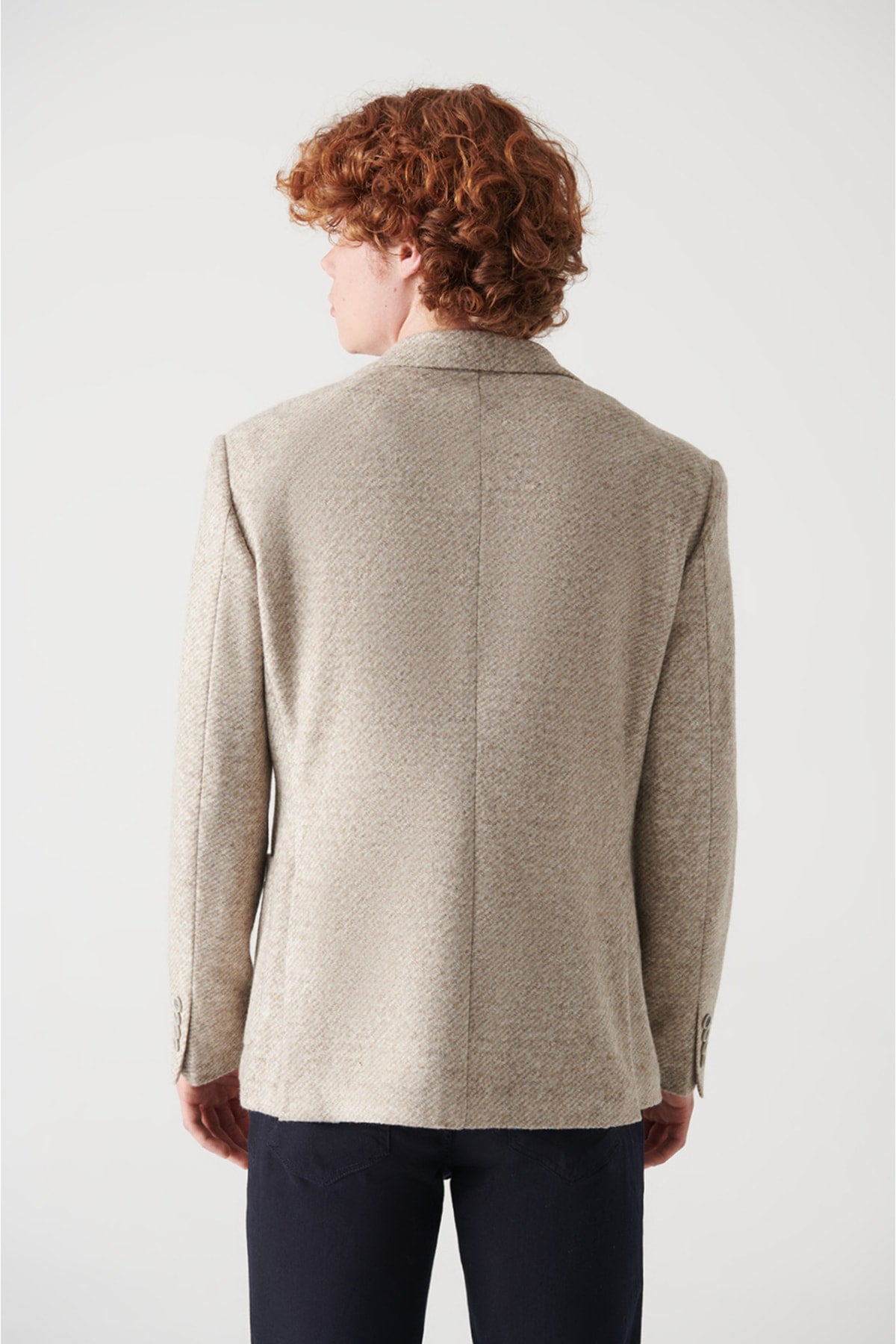 Men's Beige Wool Mixed Lined Knitting Slim Fit Jacket A22Y4019