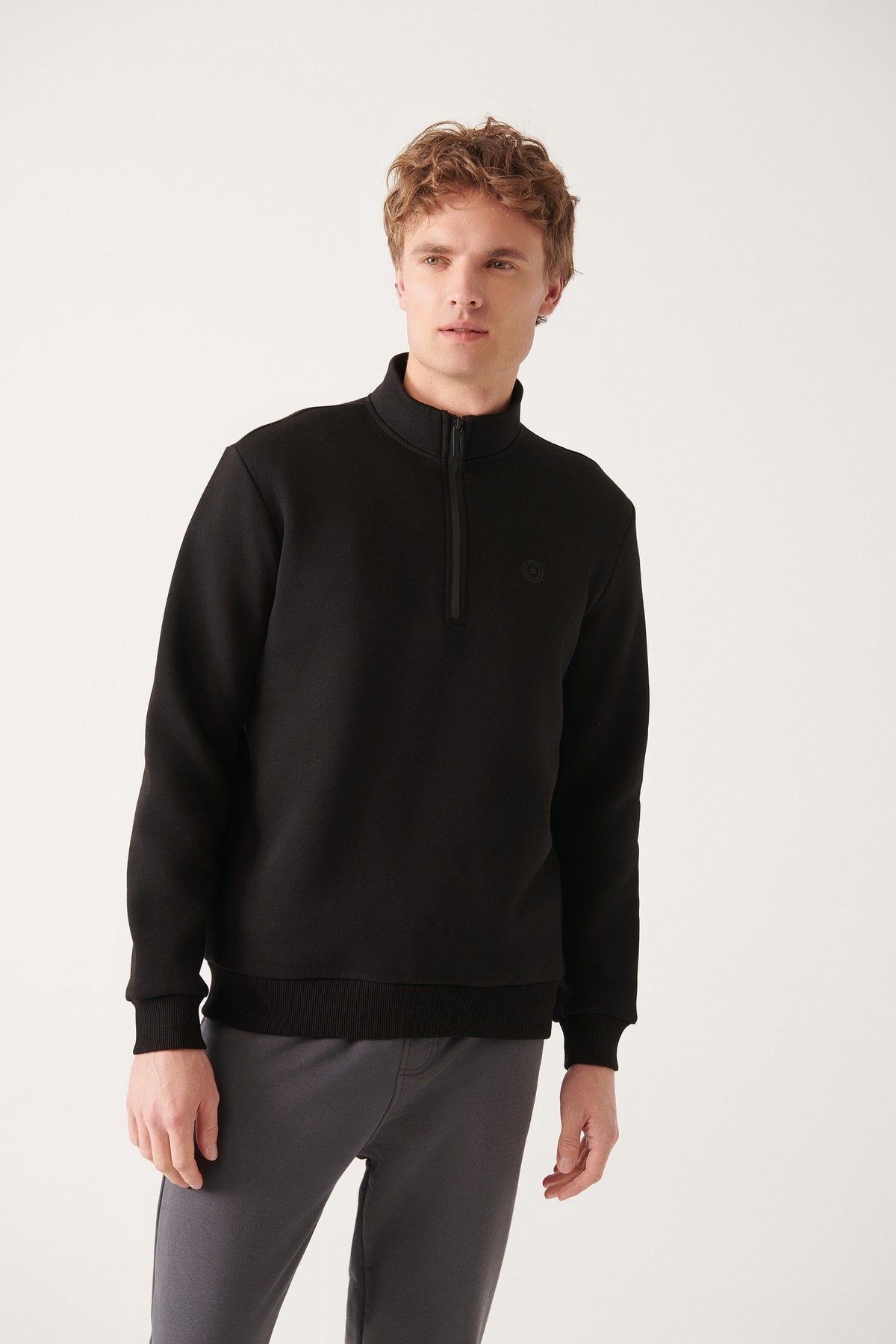 Unisex Black upright collar zipper Içi fleece cold -proof 3 IP Sweatshirt