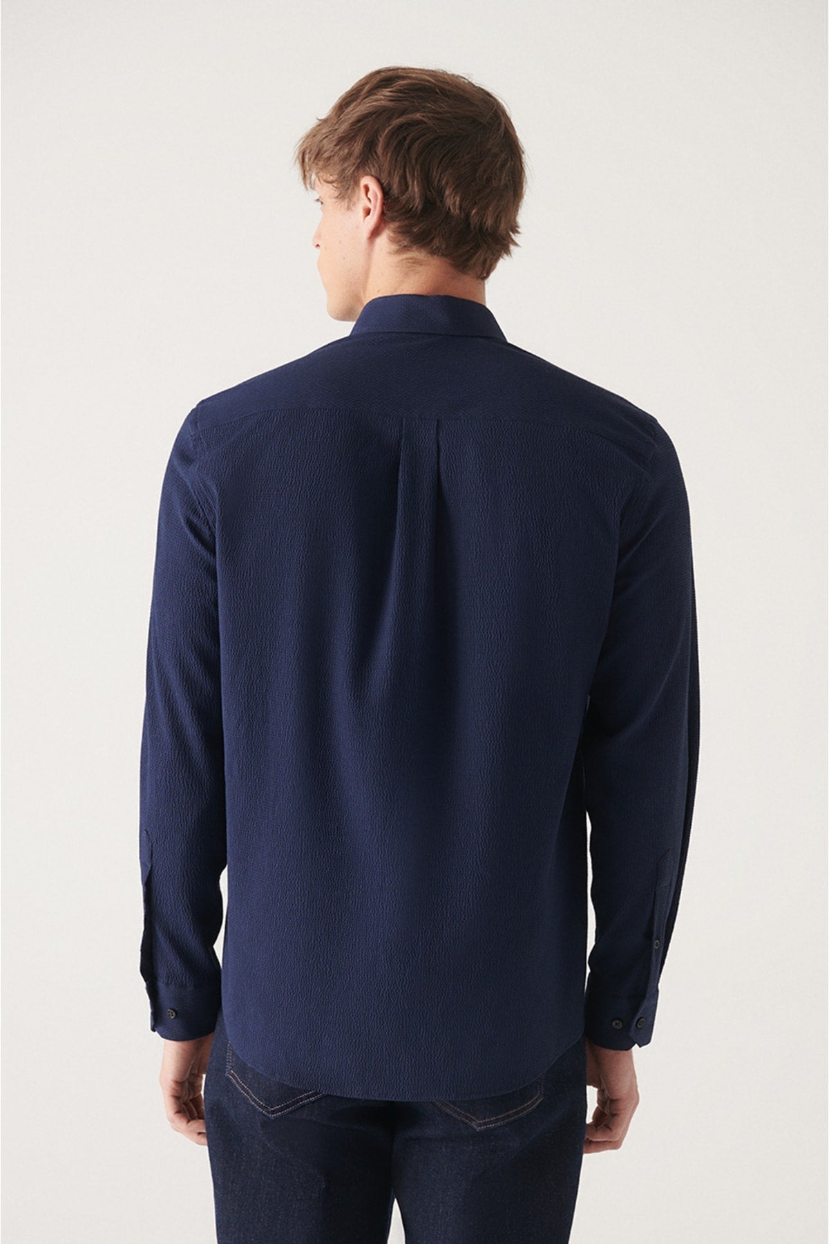 Men's Navy Blue SEERSUCker Buttoned Neck Comfort Fit Shirt A22Y2100