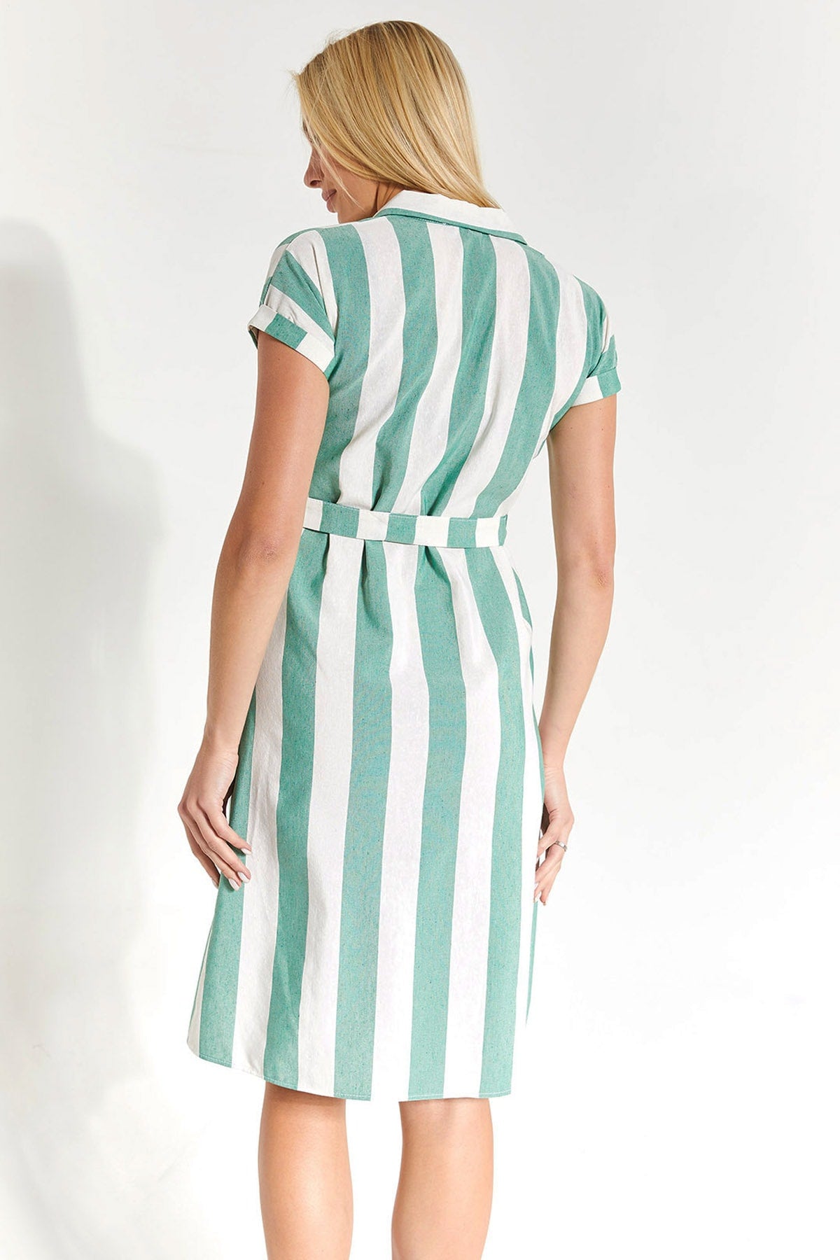 Female green thick striped waist tied short sleeve shirt dress