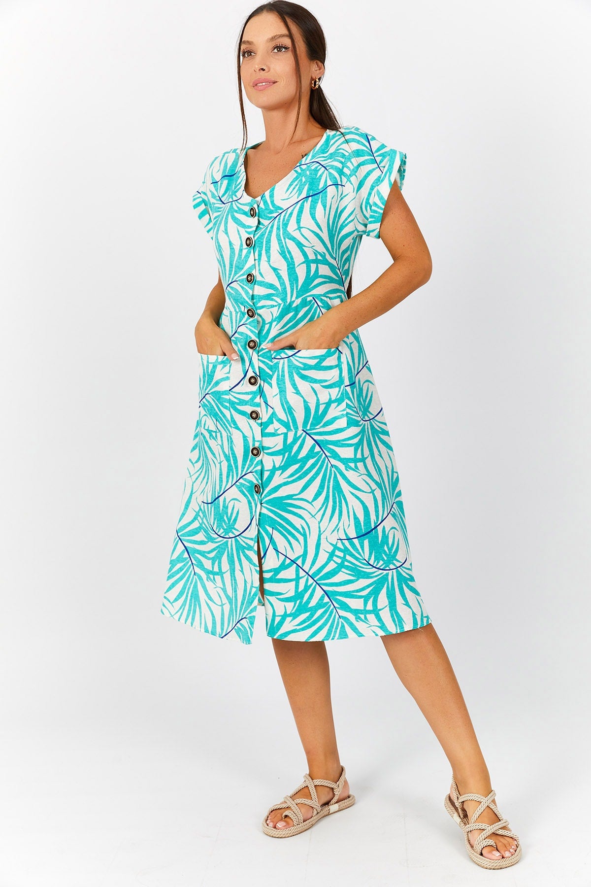 Female turquoise leaf pattern pocket front buttoned dress ARM-22Y001122