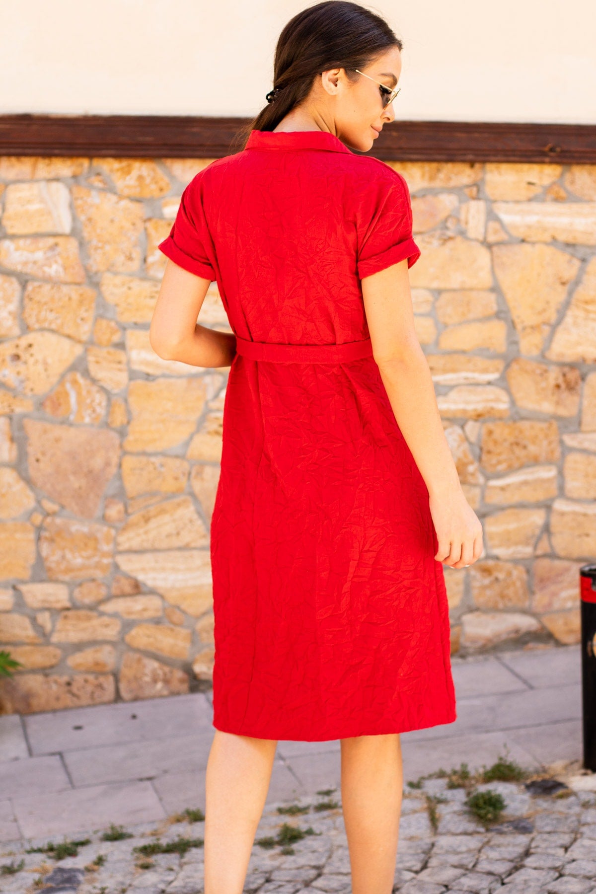 Kadın Kırmızı Beli Kemerli Kısa Kol Gömlek Elbise Arm-19Y001068