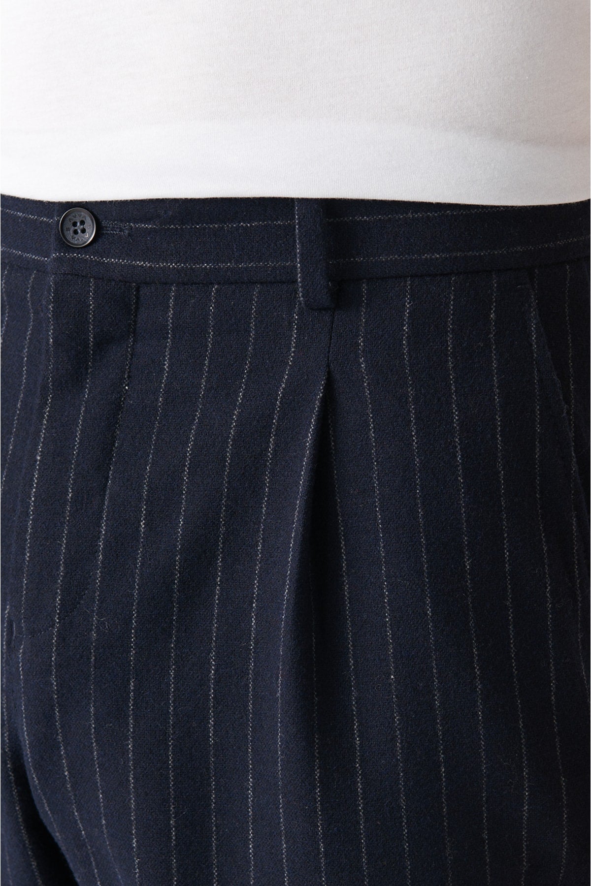 Navy blue woolen pleated striped relaxed fit suit pants