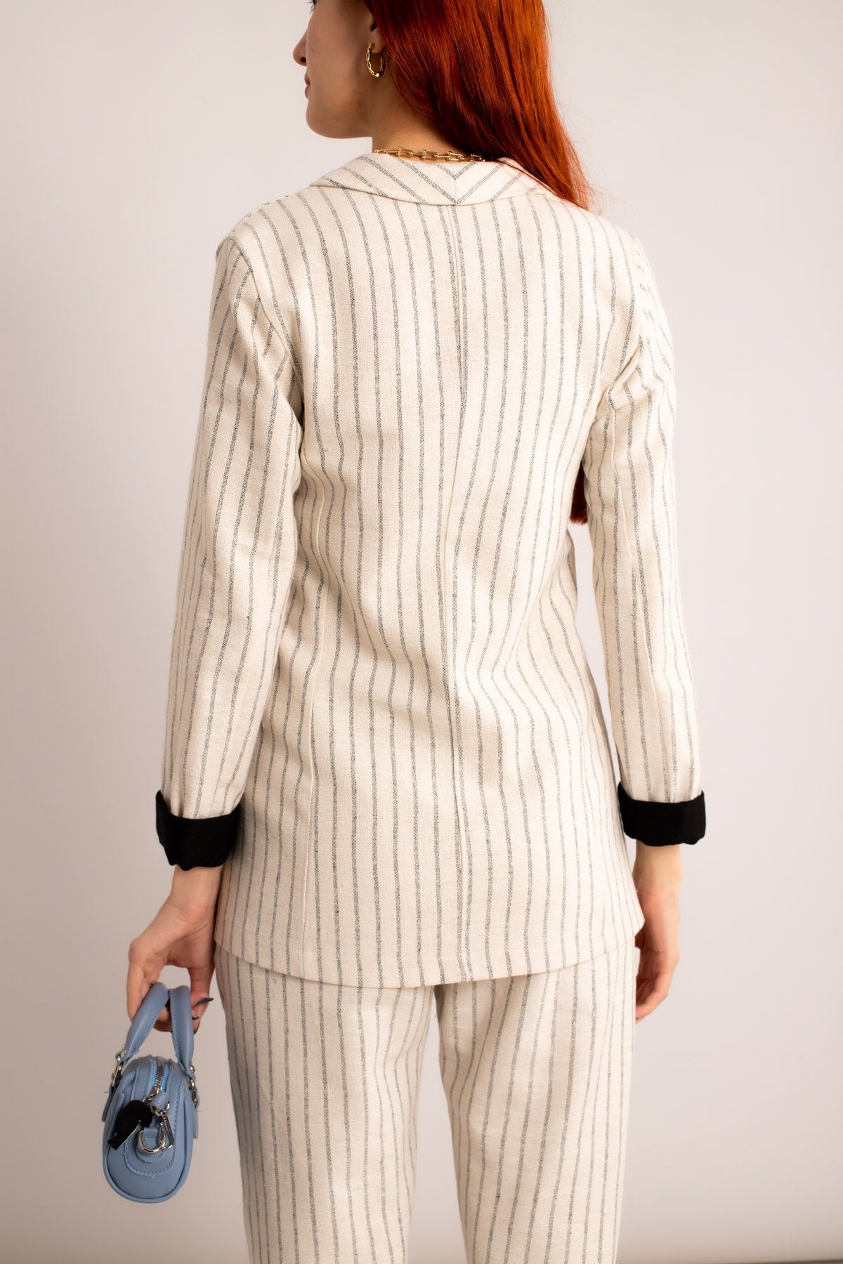 Woman White-Black Fine Striped Single button Jacket ARM-23Y001037