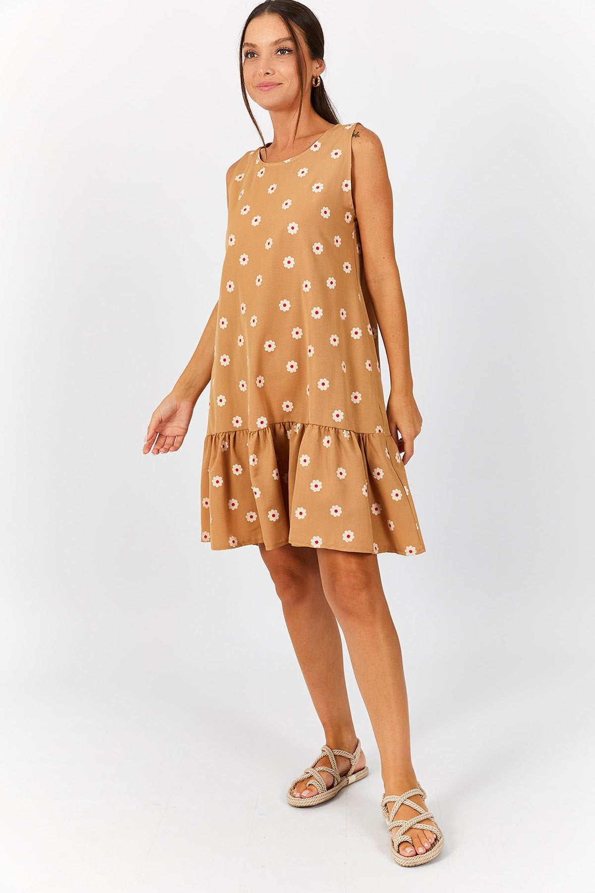 Female Beige Daisy Pattern Sleeveless Skirt Ruffled Dress ARM-22Y001123