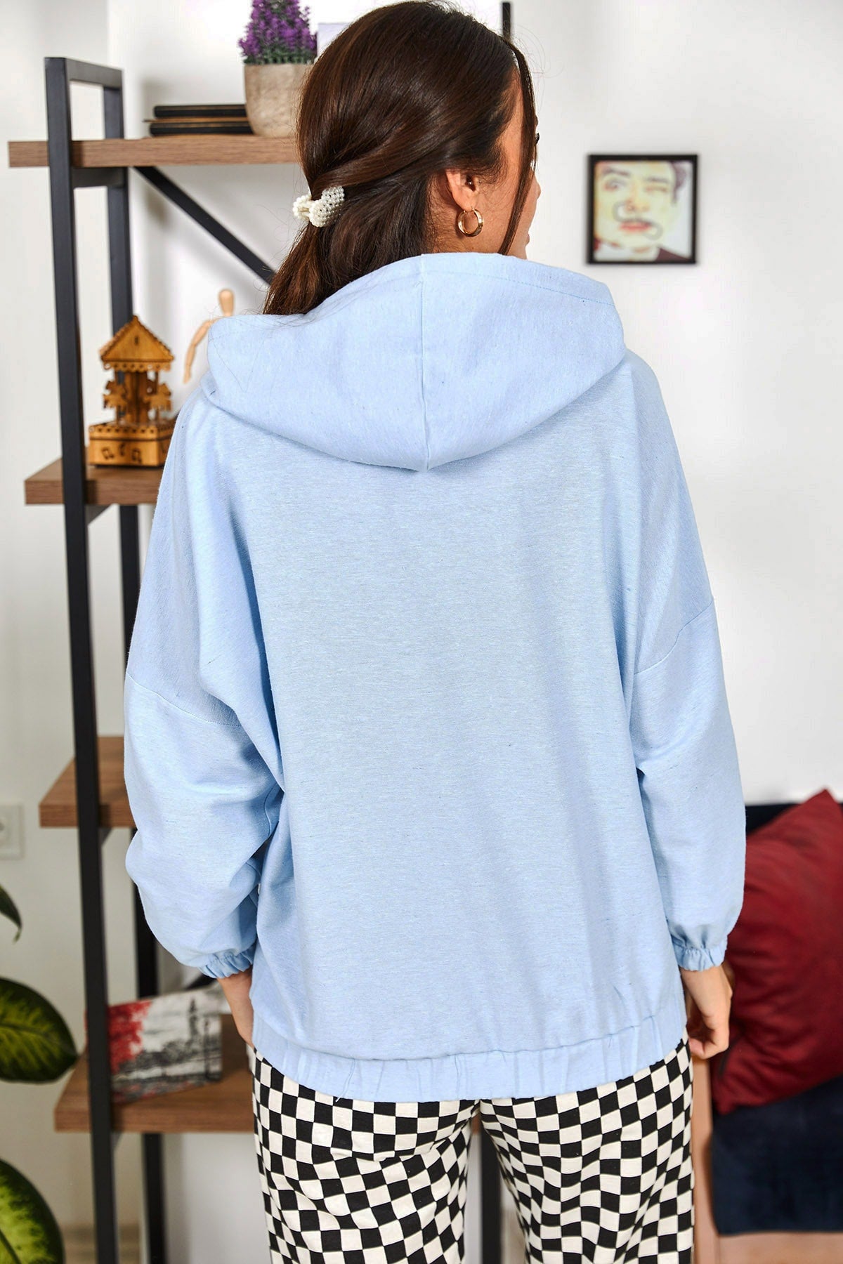 Female Baby Blue Hooded Zipper Oversize Sweatshirt ARM-22K001034