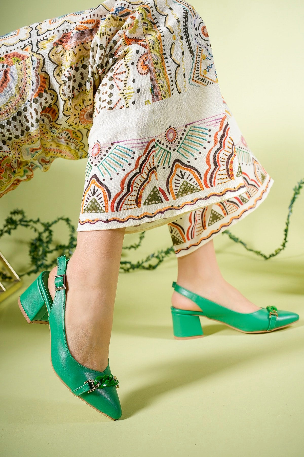 Kadın Topuklu Sandalet Taşlı 0012918 Yeşil Cilt