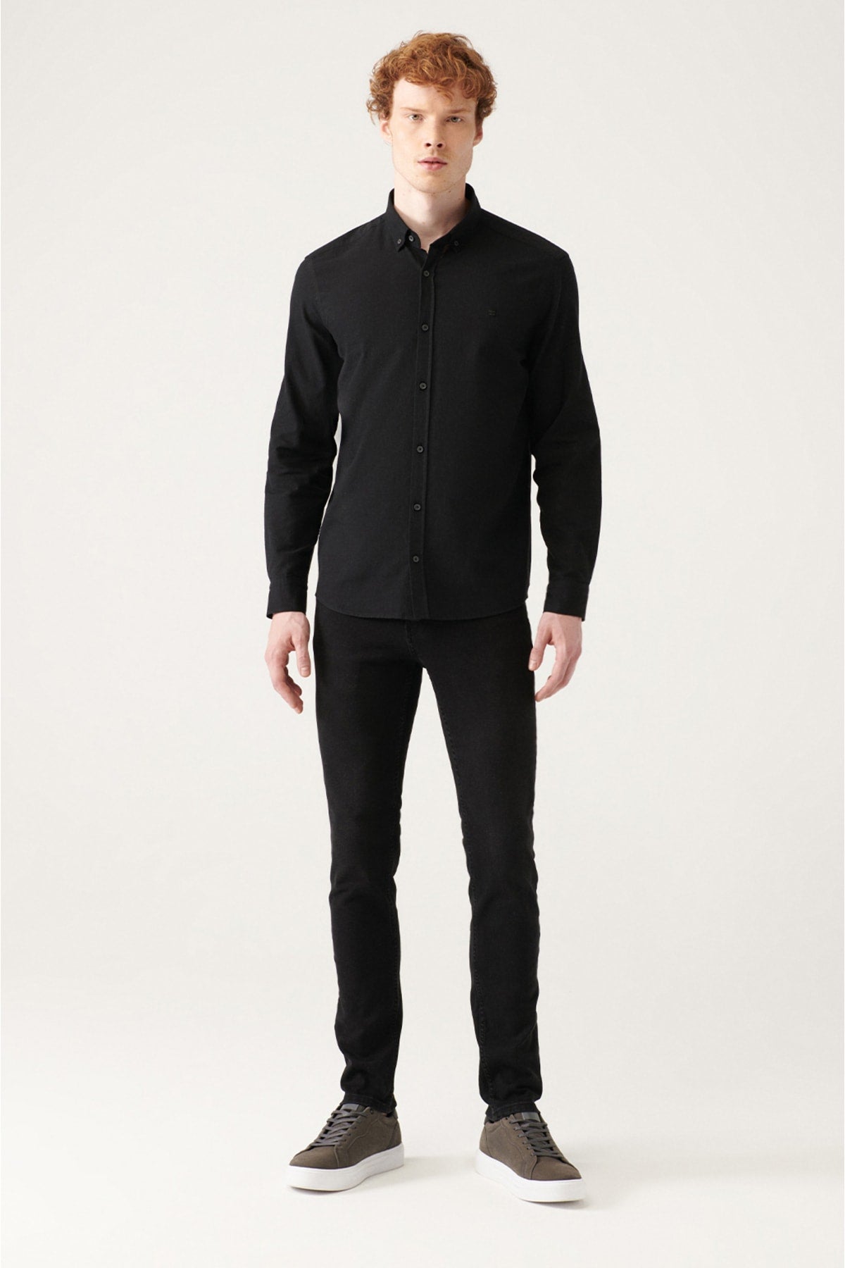 Black button collar comfort fit 100 %cotton linen textured shirt E002141