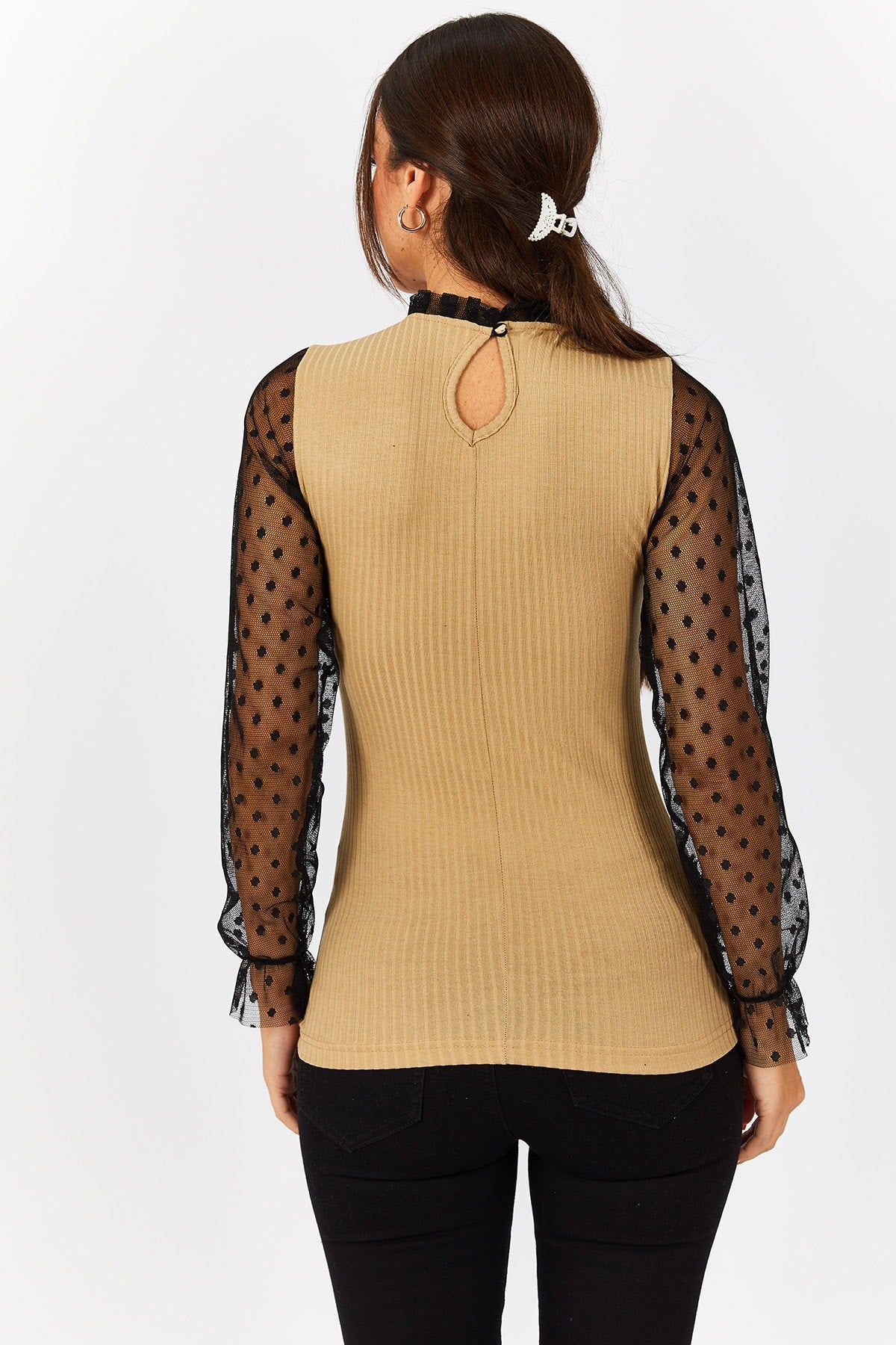 Female beige arm and collar Tulle Wick Triko Sweater ARM-22K001043
