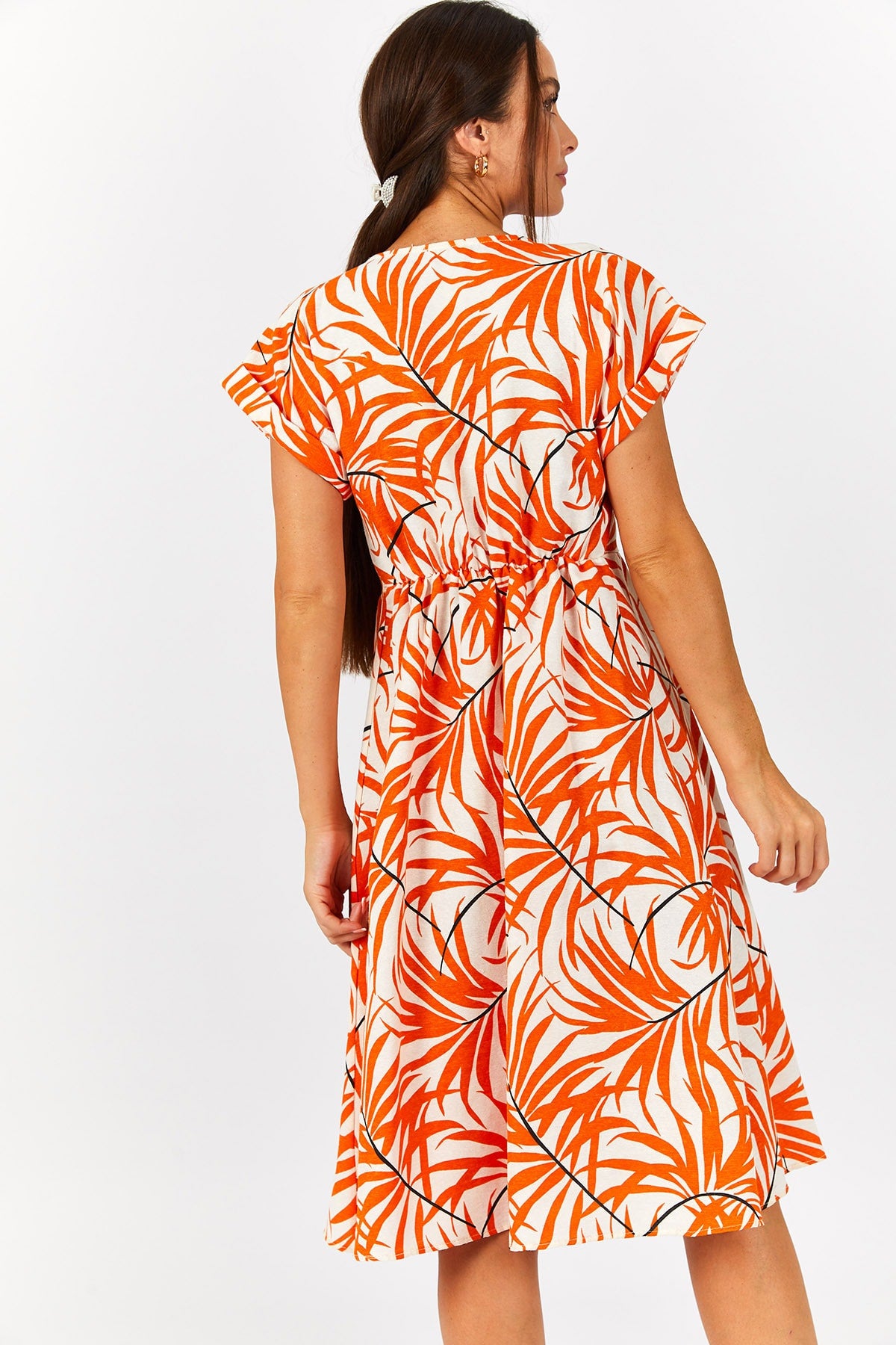 Women's Orange Leaf Pattern Pocket front buttoned dress ARM-22Y001122