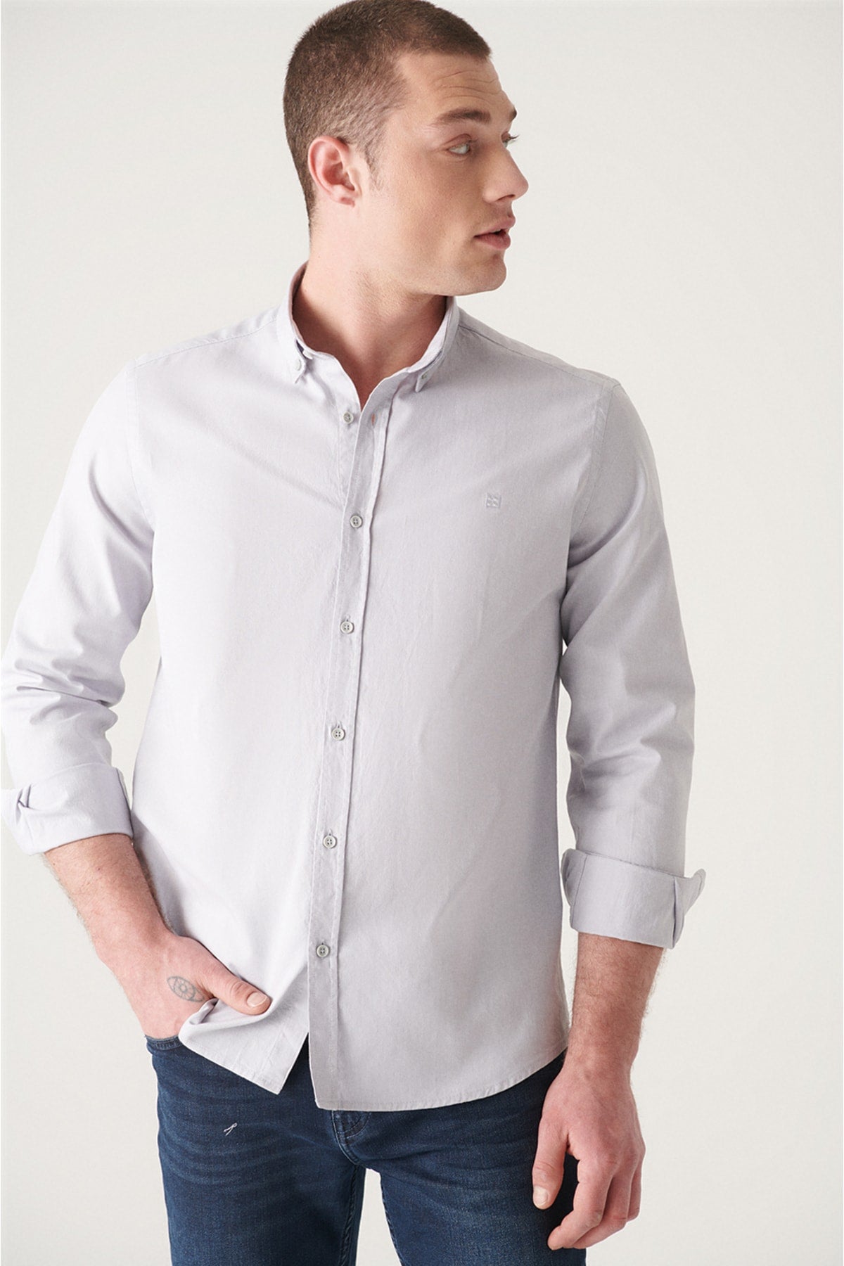 Men's Gray Oxford 100 %Cotton Regular Fit Shirt E002026