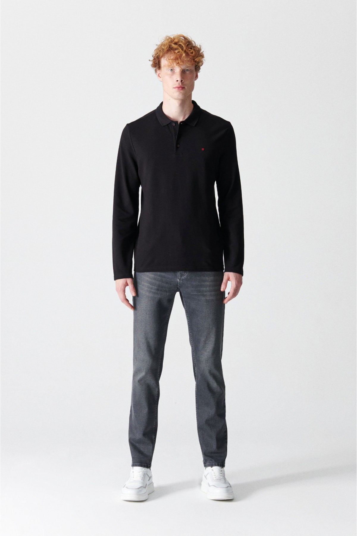 Men's Black Polo Yaka 100 %Cotton Basic Sweatshirt E001003