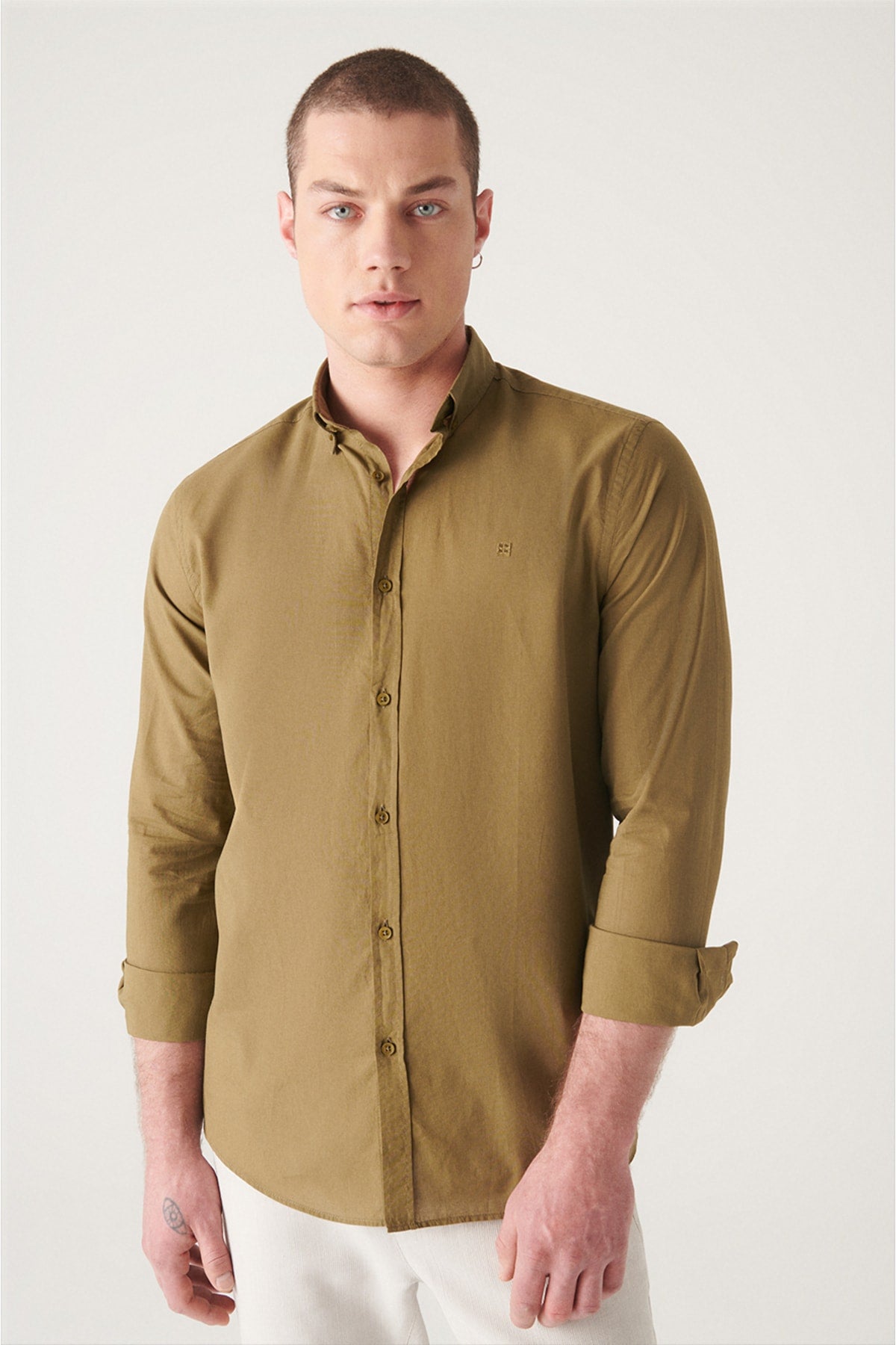 Male Khaki Oxford 100 %Cotton Regular Fit Shirt E002206