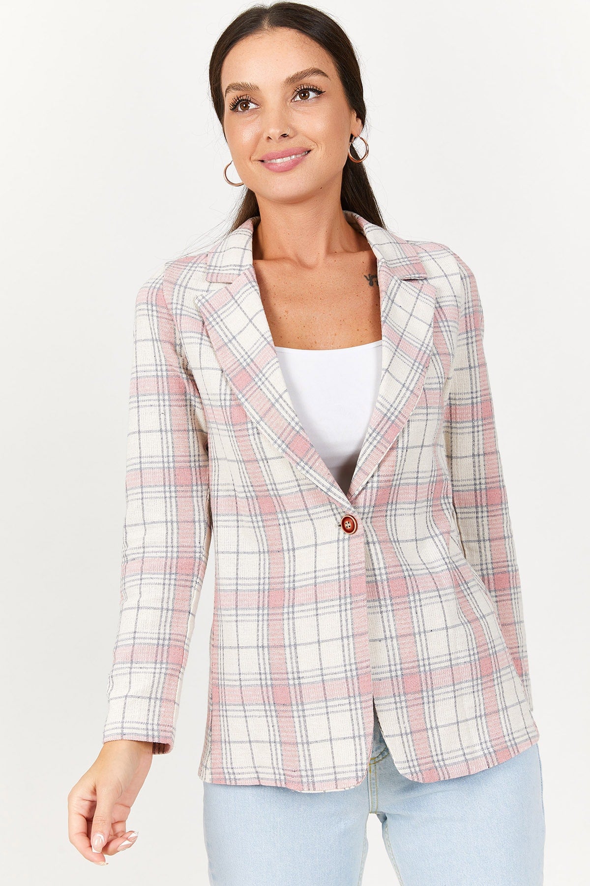 WOMEN'S powder plaid pattern Single button jacket ARM-221089